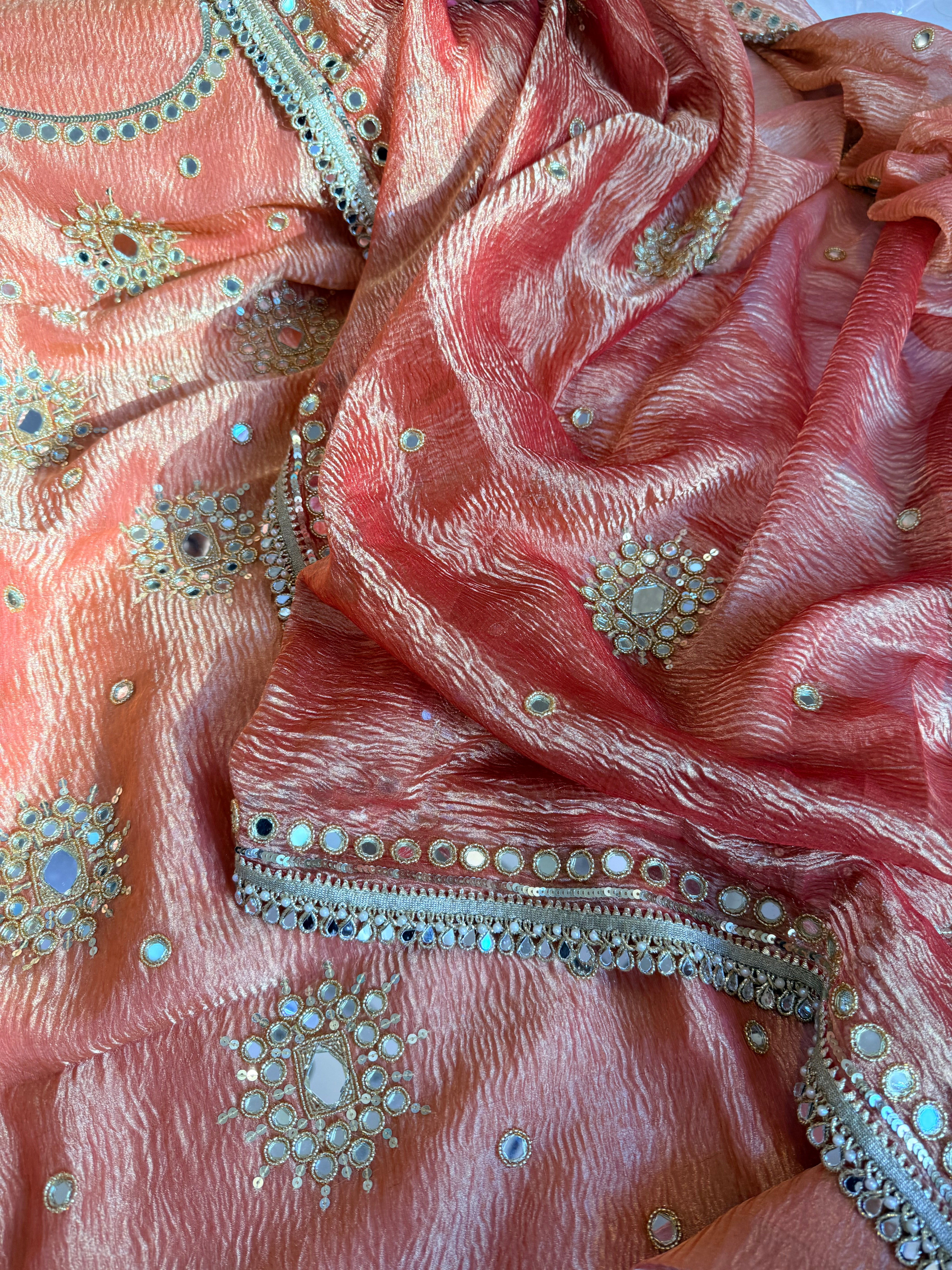 Banarasi tissue silk mirrorwork hand embroidered crushed suit sets