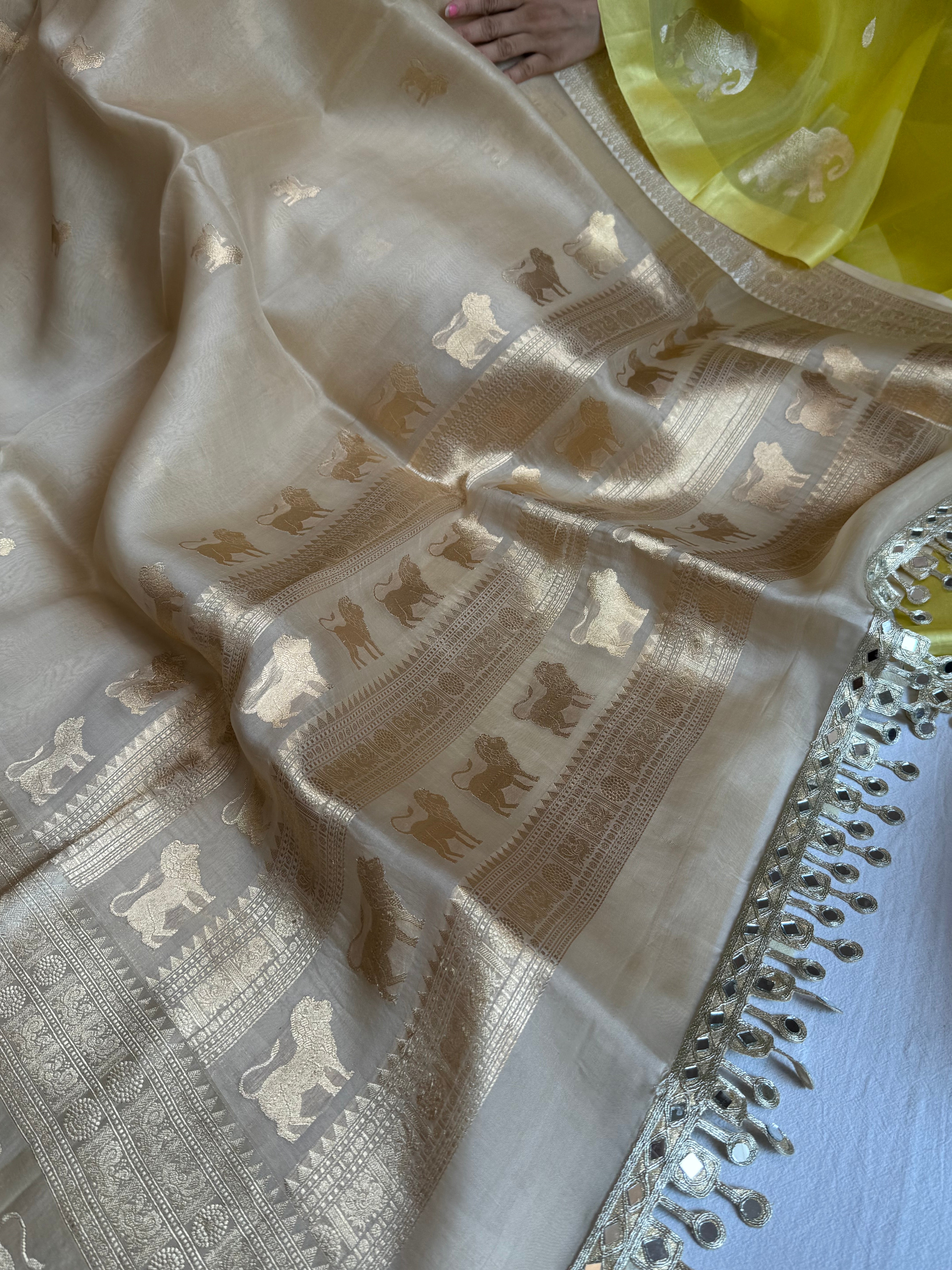 Champagne gold kora silk hand embroidered kadhwa saree