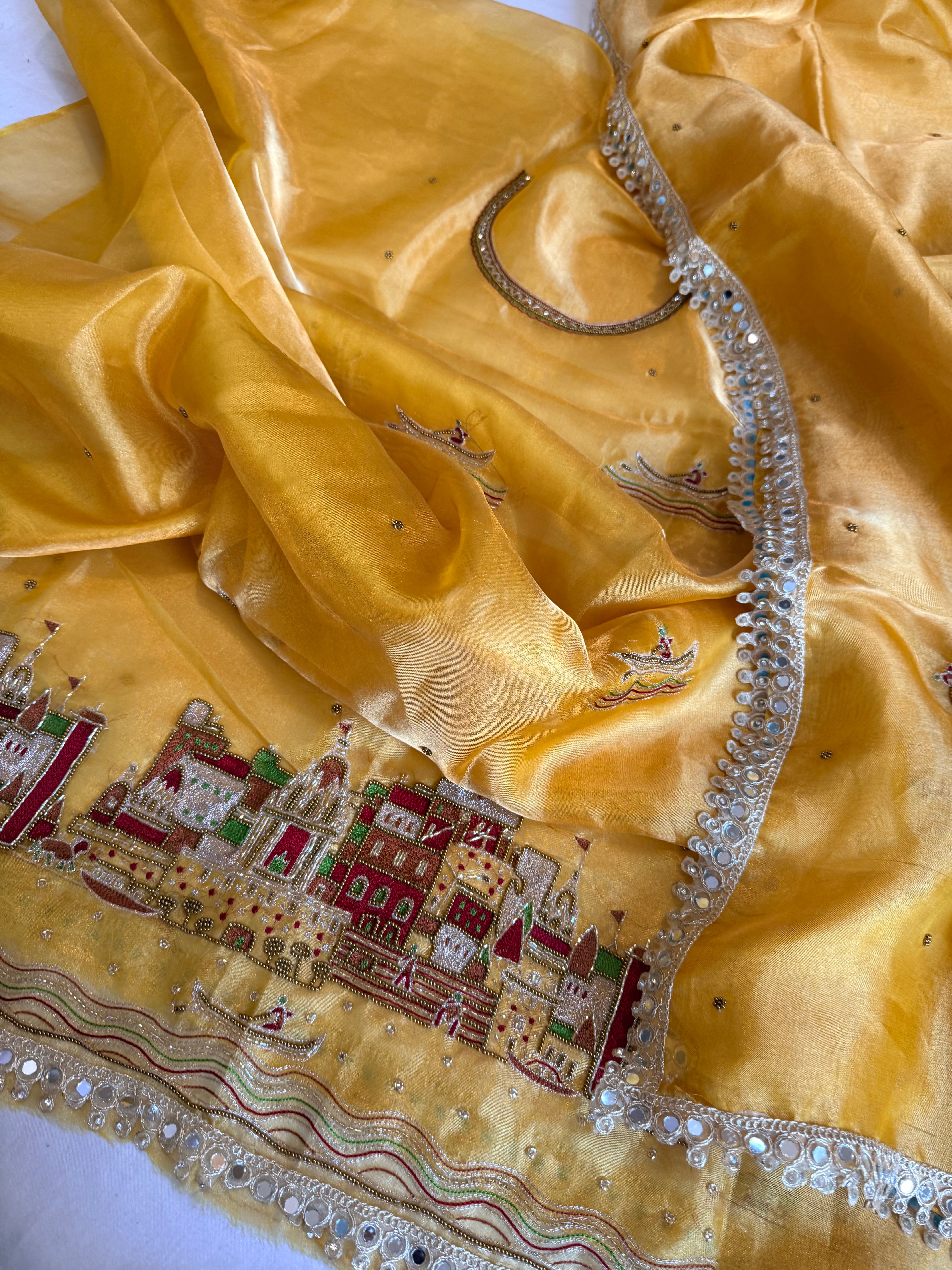 Ghat Banarasiya edit - Haldi yellow diamond tissue silk hand embroidered suit