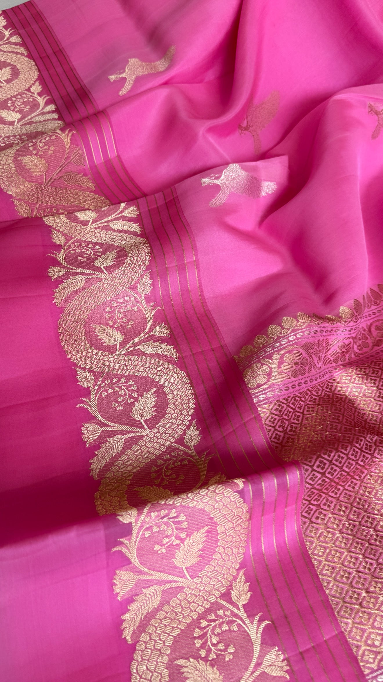 Strawberry pink banarasi kora silk hand embroidered saree