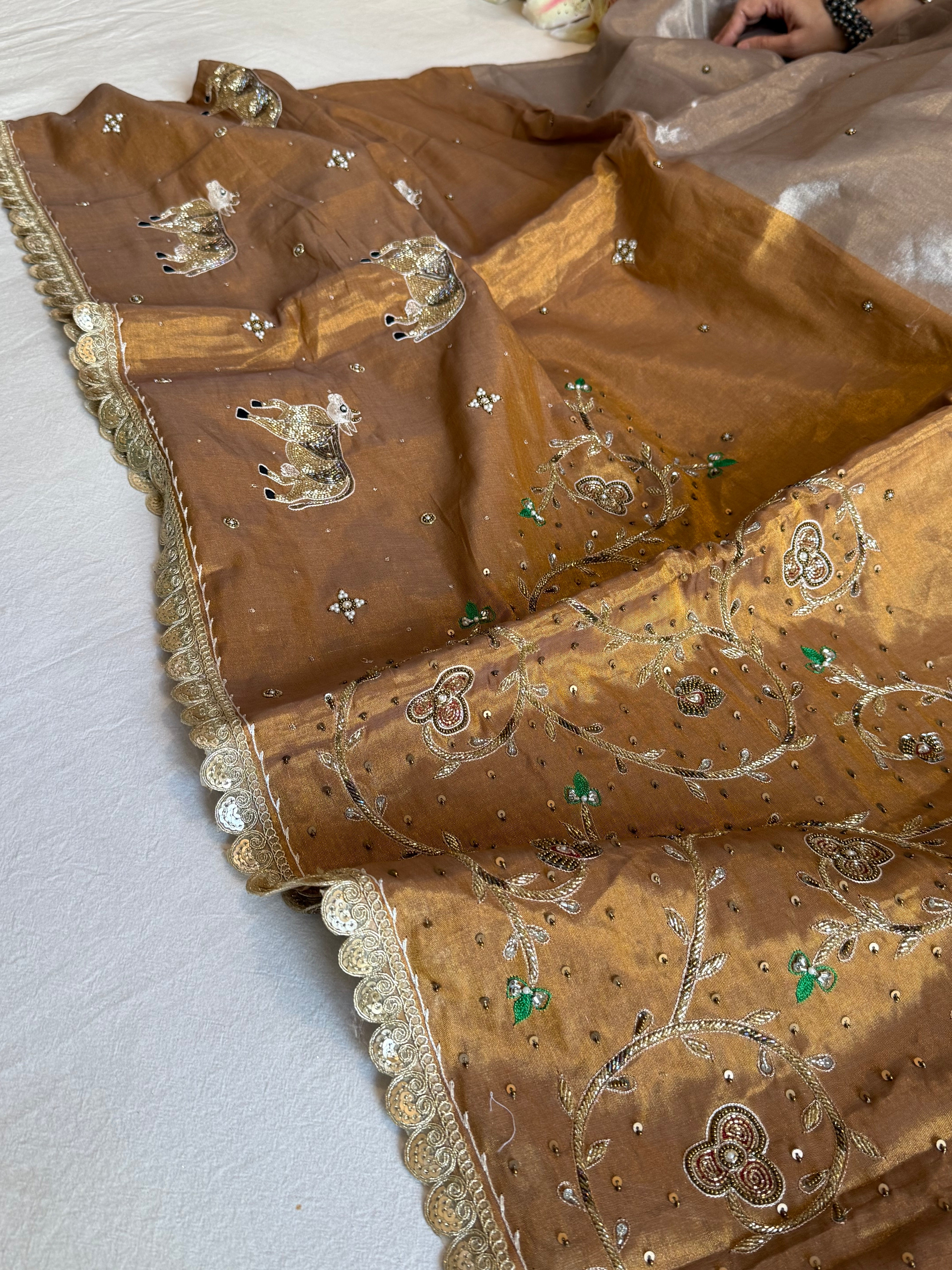 Satin tissue silk molten gold-silver hand embroidered banarasi saree