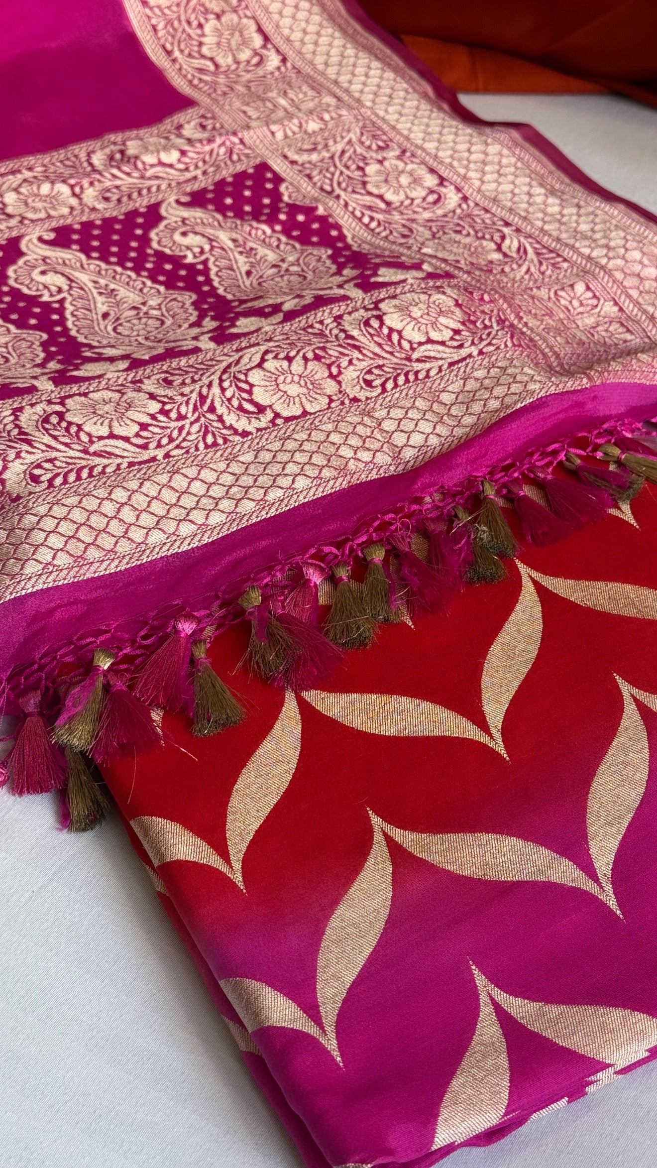 Red-rani ombre shaded chiniya silk kadhwa kurta paired with chiffon gorgette duppata set