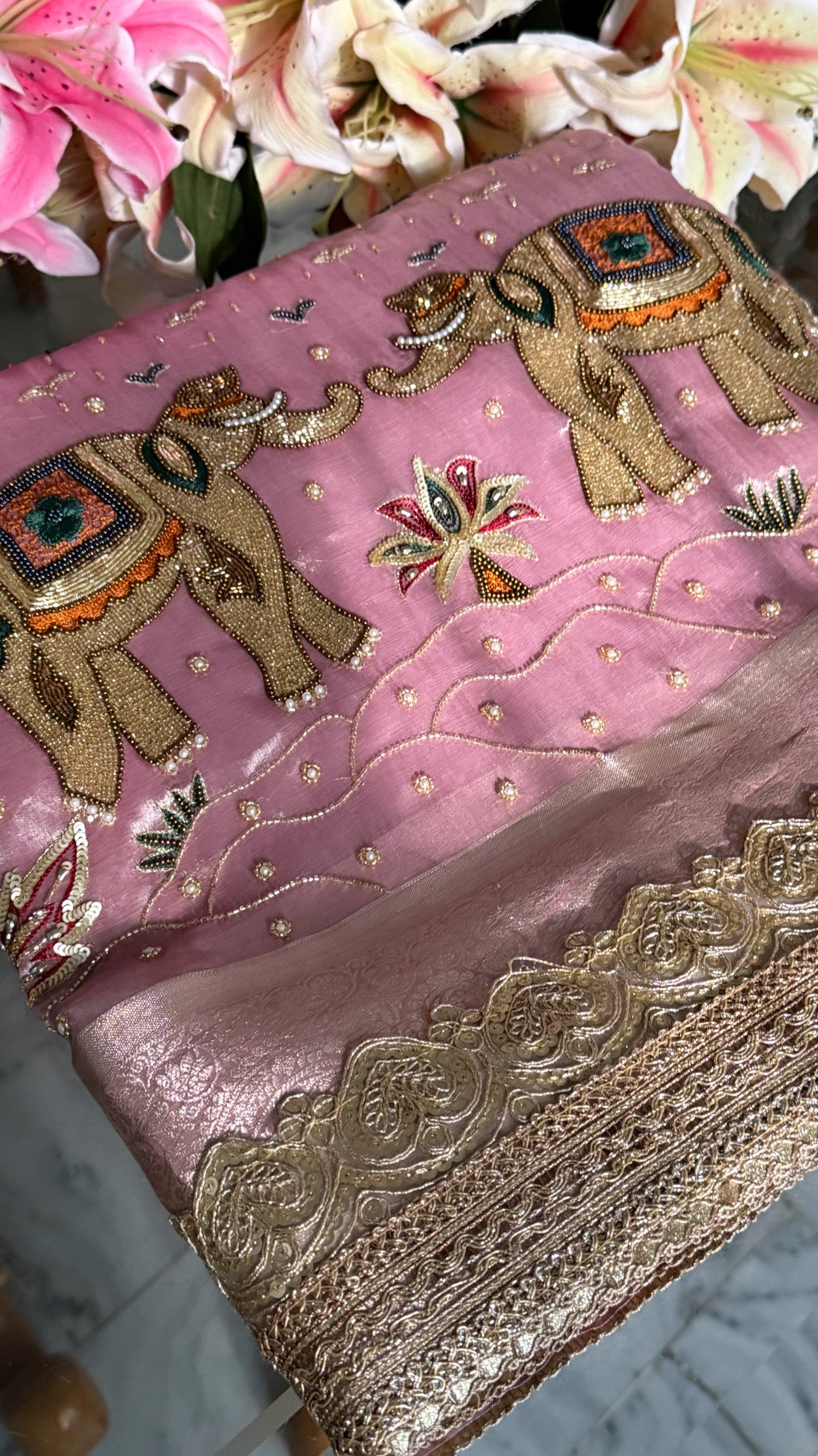 First meeting wali saree - Blush pink elephant and jungle motif hand embroidered tissue silk saree