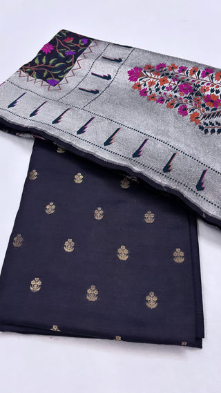 Pure Banarasi black moonga silk kadhwa buti kurta paired with kadhwa  meenedar paithani jaal intricately woven duppata and bottom set