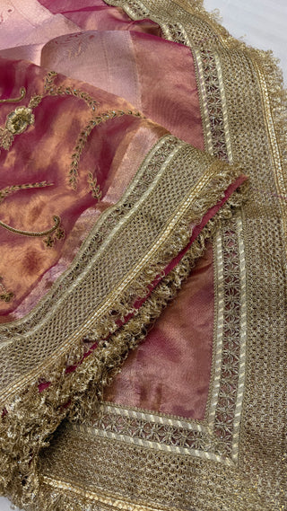 Cocktail wali saree - Rani pink tissue silk heavy hand embroidered saree