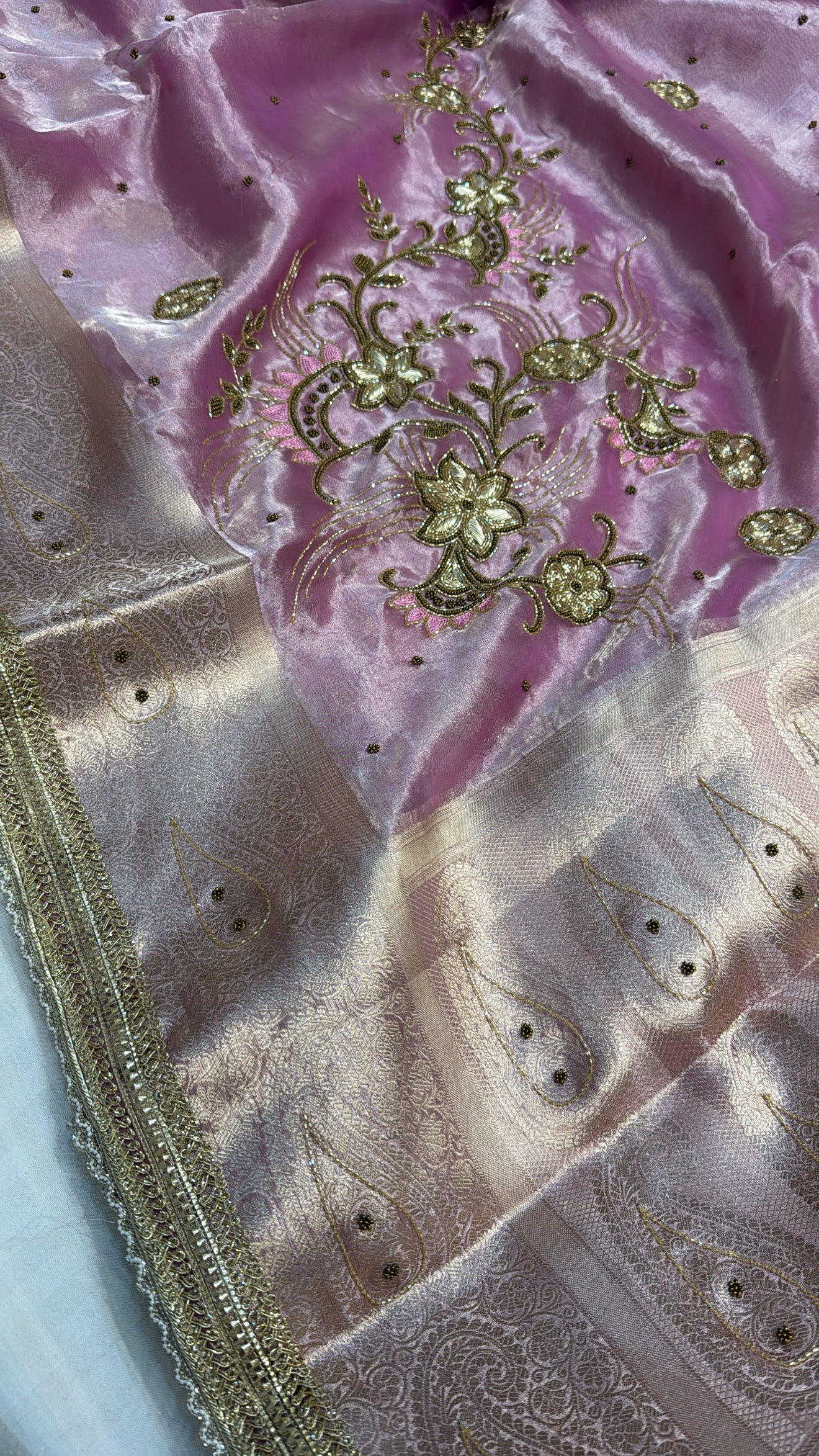 Blush metallic pink tissue silk hand embroidered kadhwa saree