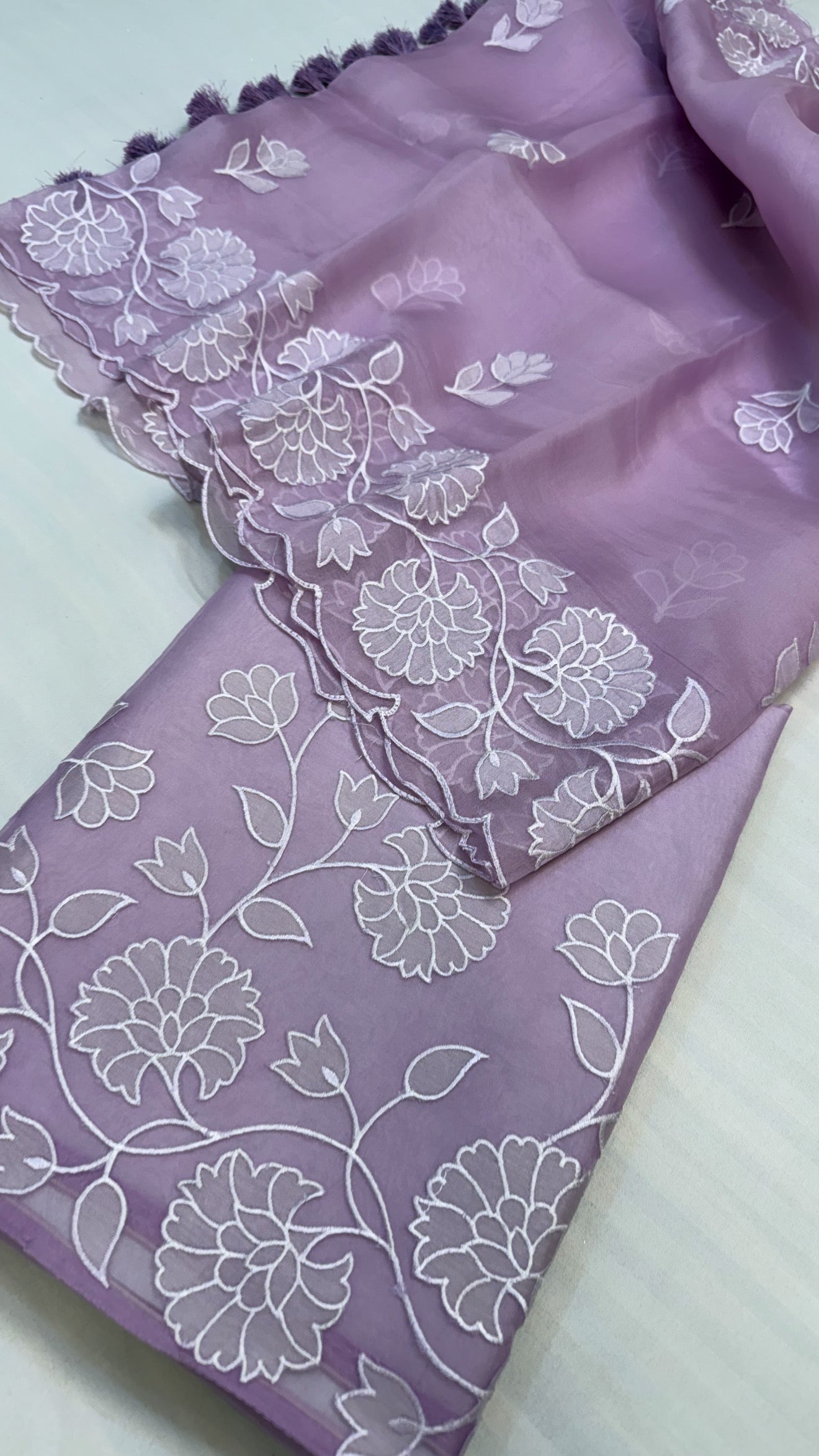 Dreamy lilac kora silk hand embroidered appliqué work suit set