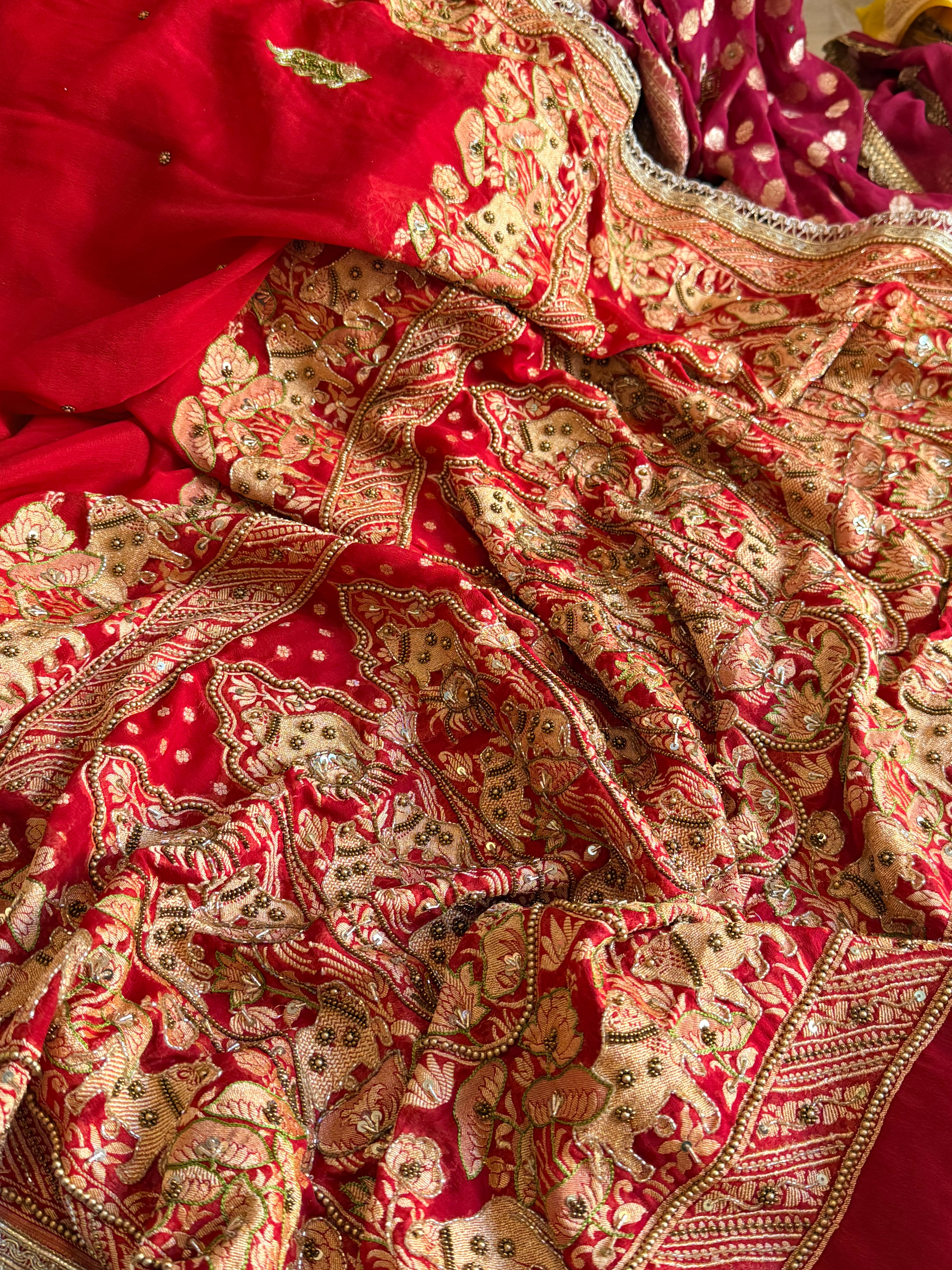 Banarasi chiffon gorgette deep red hand embroidered kadhwa saree