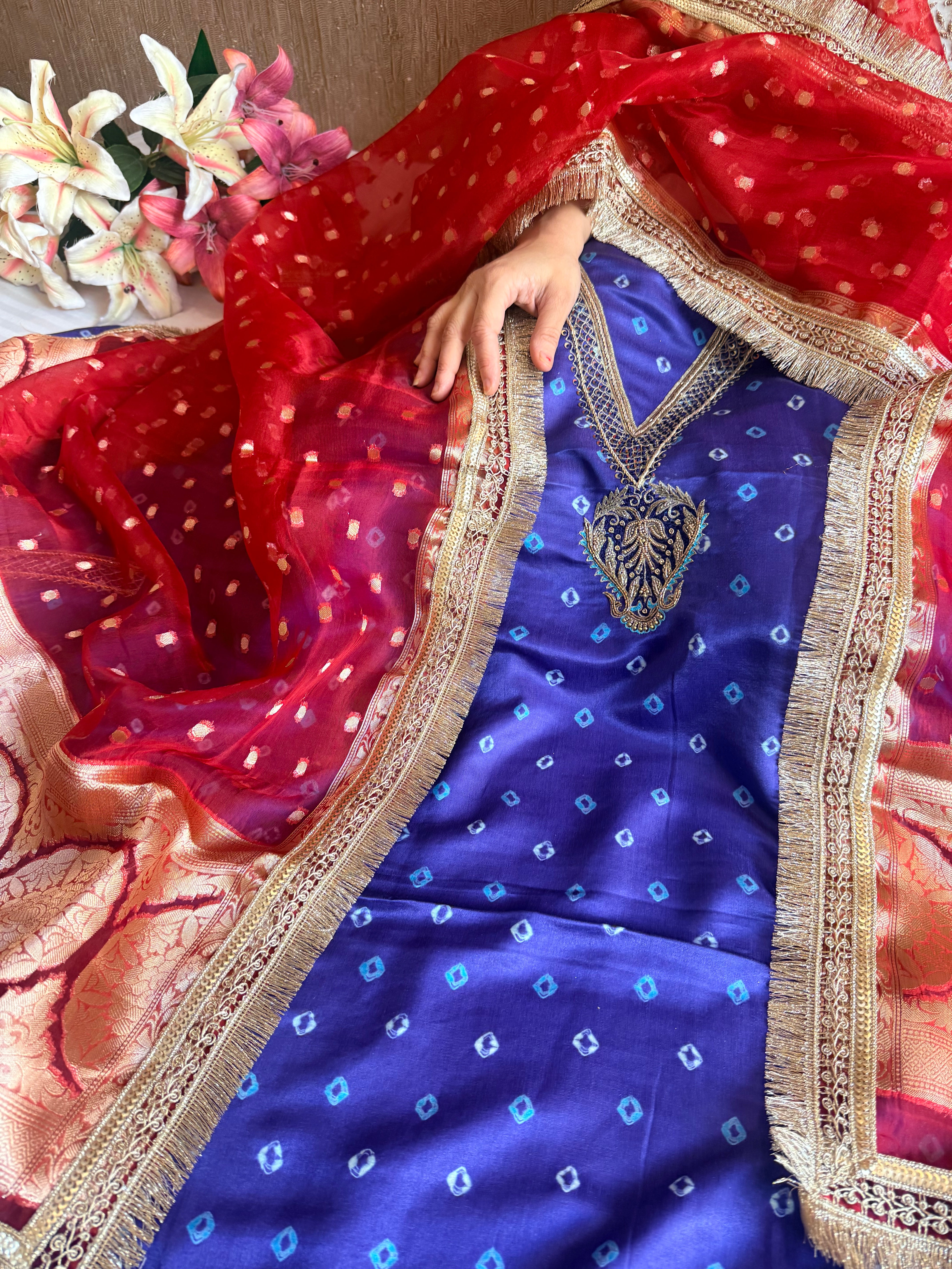 Electric blue - red chiniya silk kadhwa buta kurta paired with kora silk red duppata