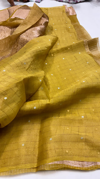 Pure banarasi golden yellow crushed tissue silk handwoven kadhwa saree with intricate border and kadhwa blouse