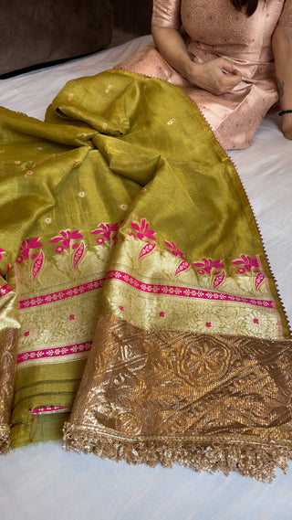 Mehendi green linen tissue silk suit set