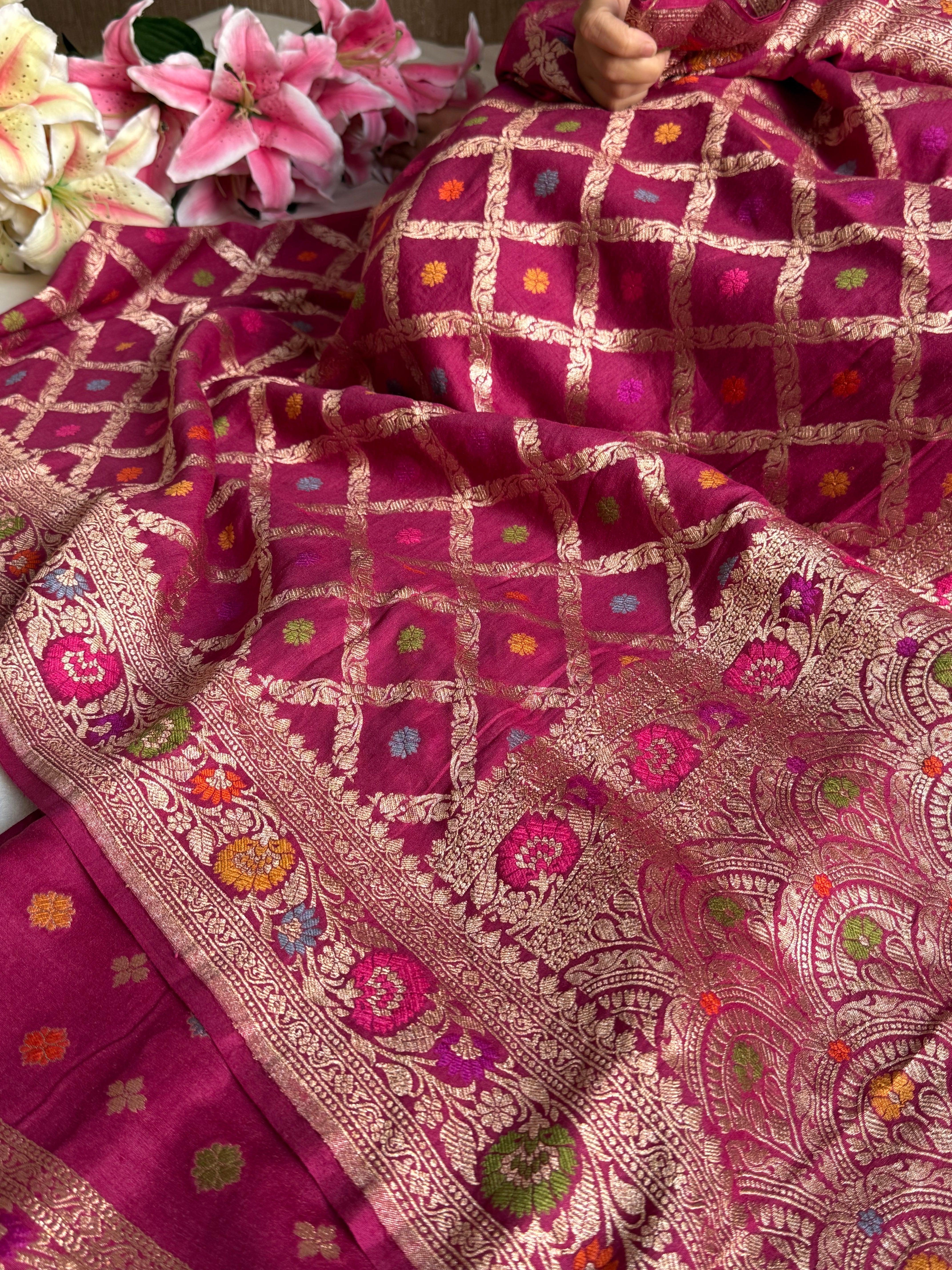 Moonga silk cranberry shade chaukadi duppata with meenakari kadhwa weaving
