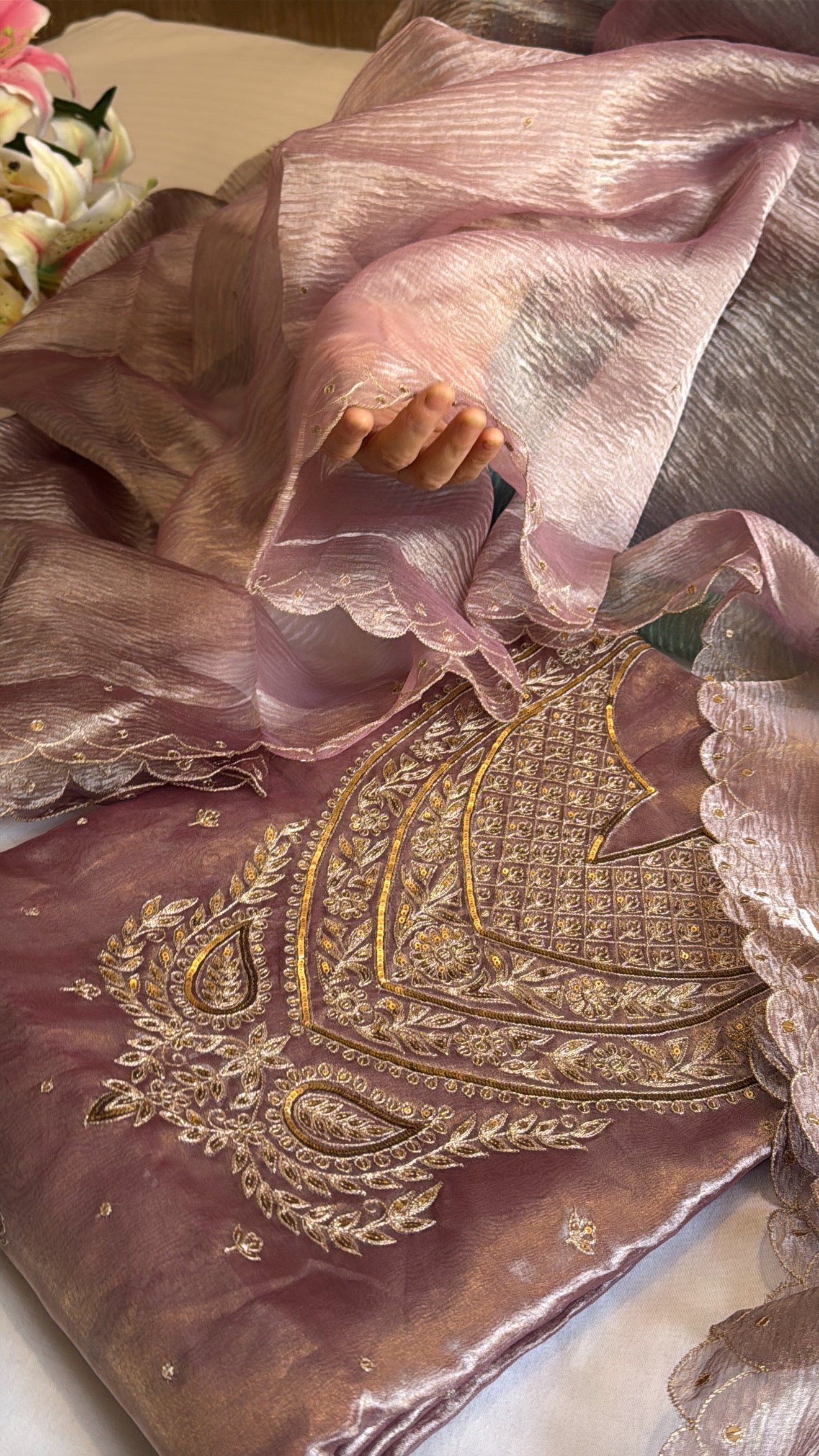 Dusty mouve diamond tissue silk jadau work inspired hand embroidered suit sets