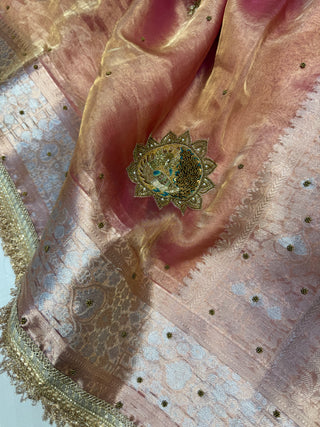 Cocktail wali saree - Peachy pink tissue silk heavy hand embroidered saree
