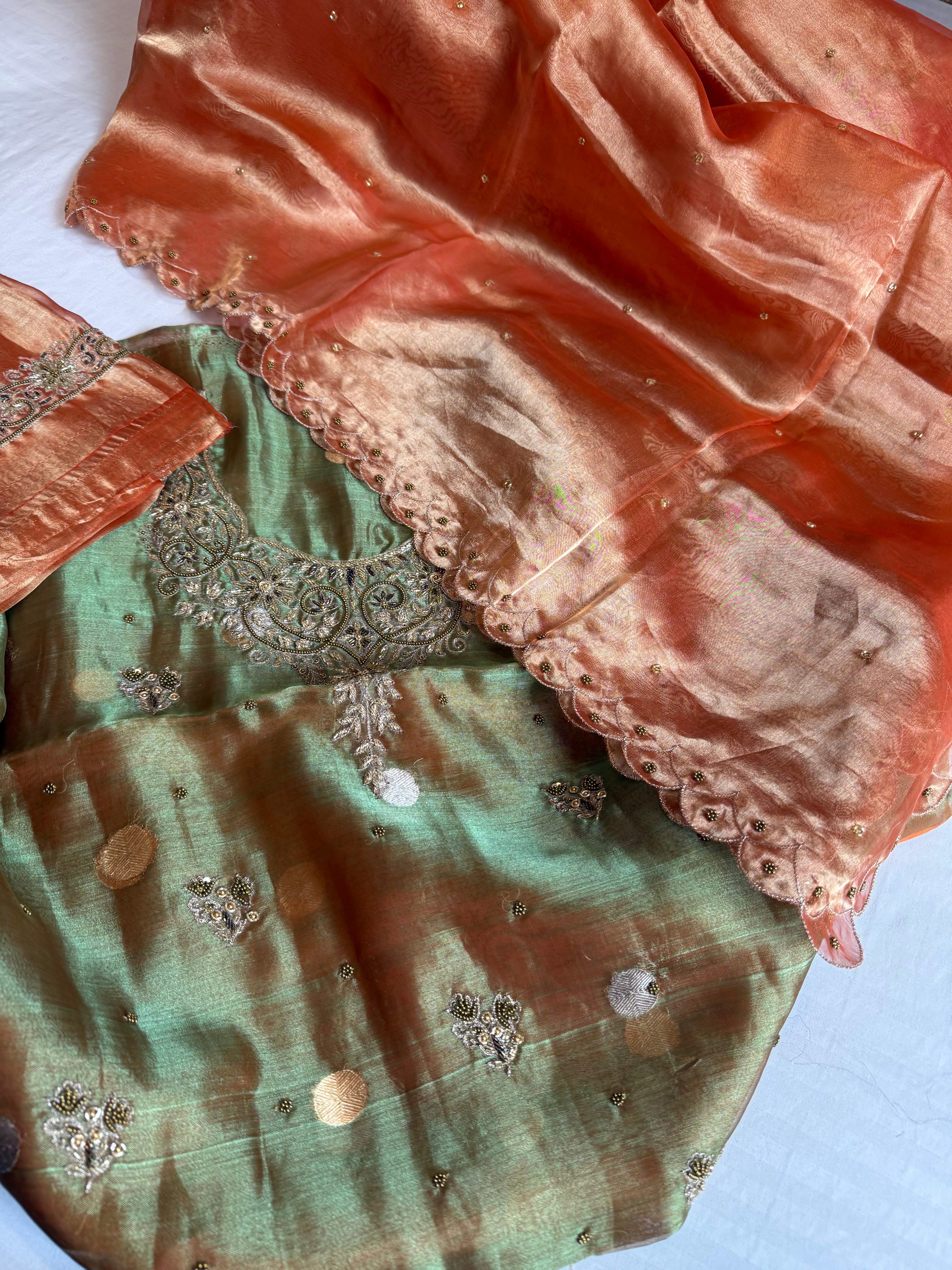 Maharani tissue silk hand embroidered suit set