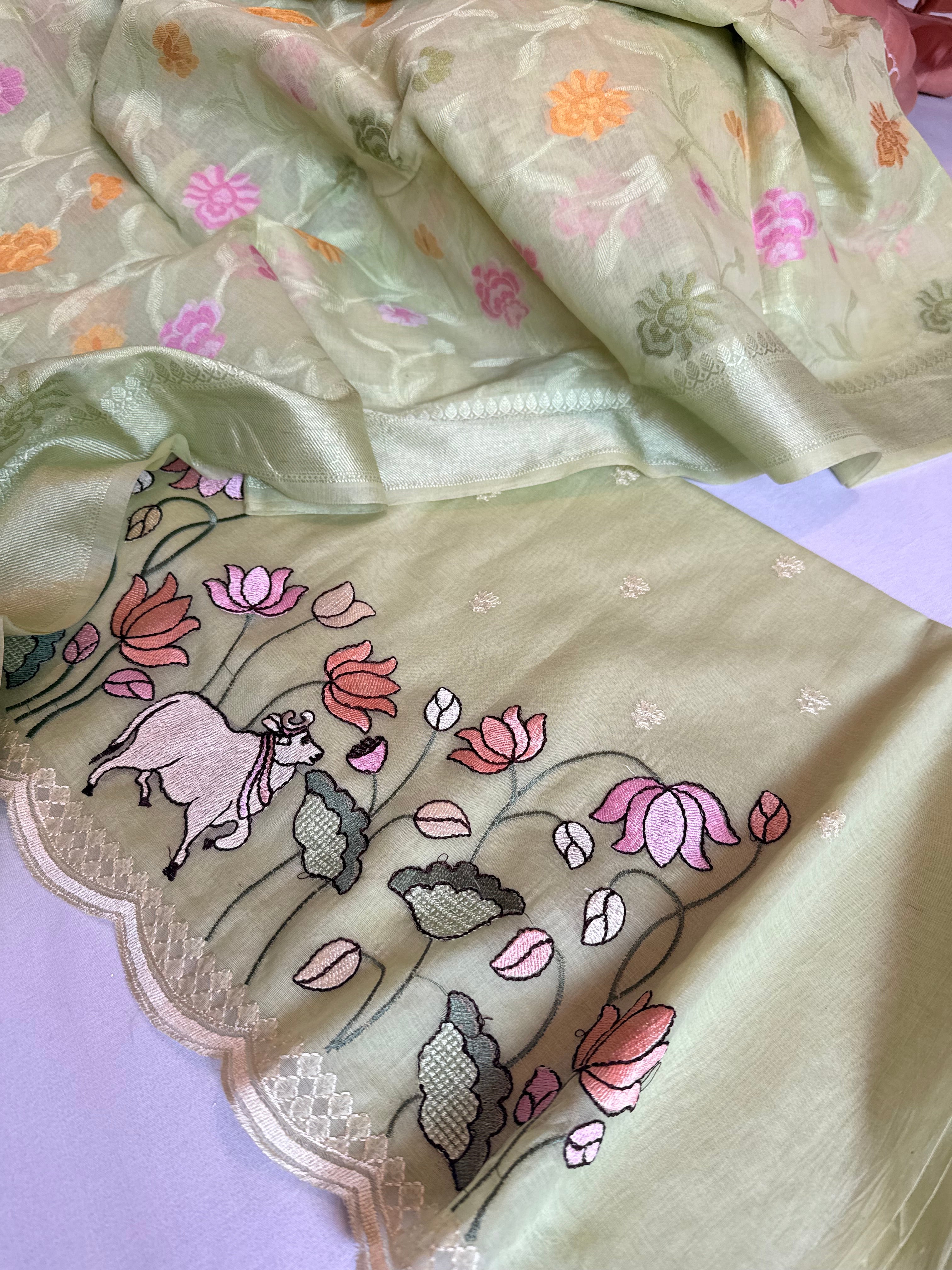 BELOW 8K - Pista green mul cotton silk resham work banarasi suit set