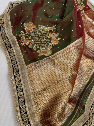 Cocktail wali saree - Mehendi green tissue silk dhup chao effect saree
