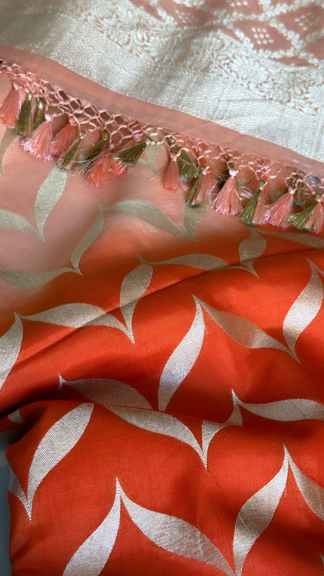 Fanta orange ombre shaded kadhwa chiniya silk kurta paired with chiffon gorgette duppata