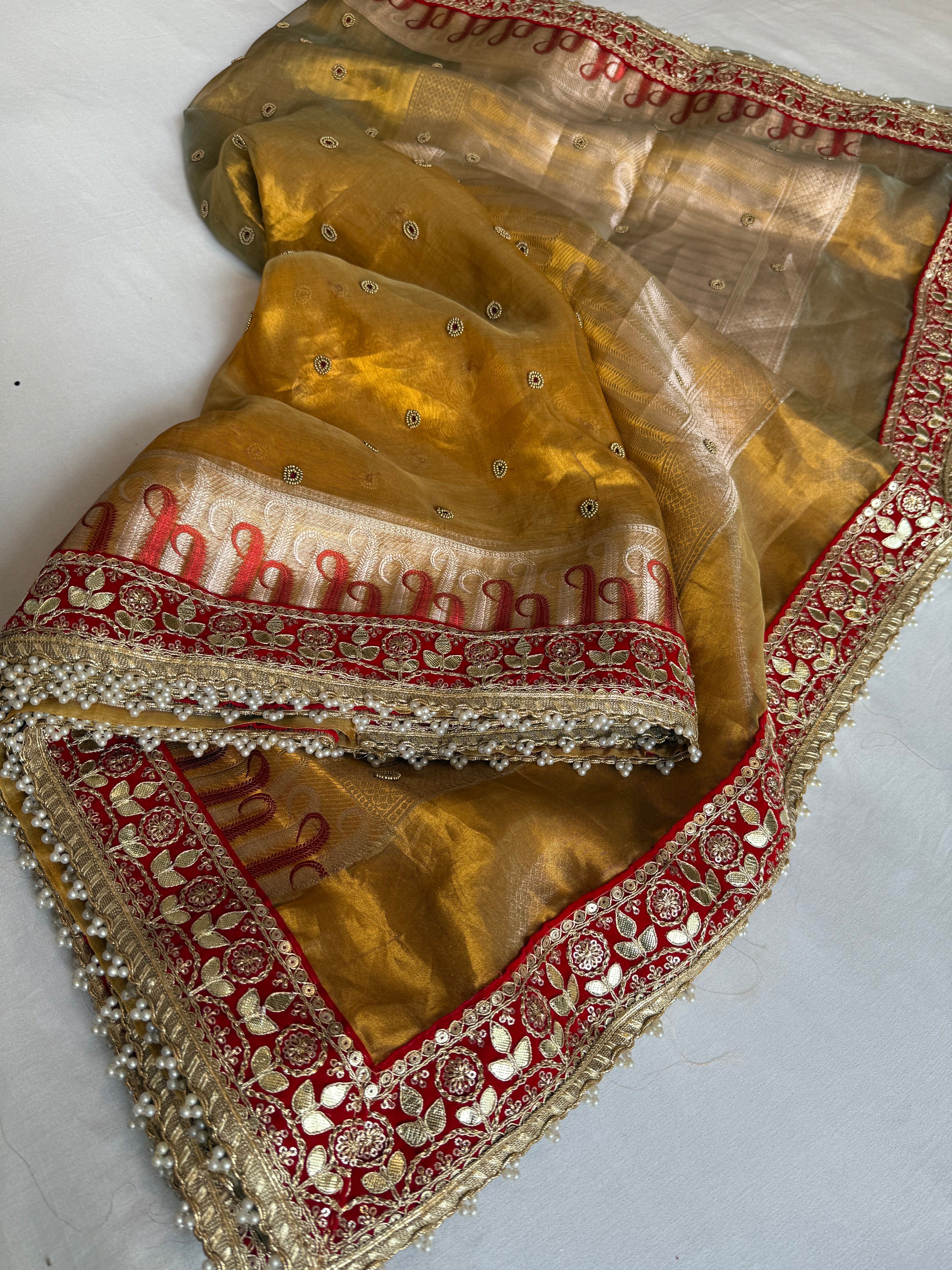 Kanjivaram gold tissue silk red meenakari hand embroidered kadhwa saree