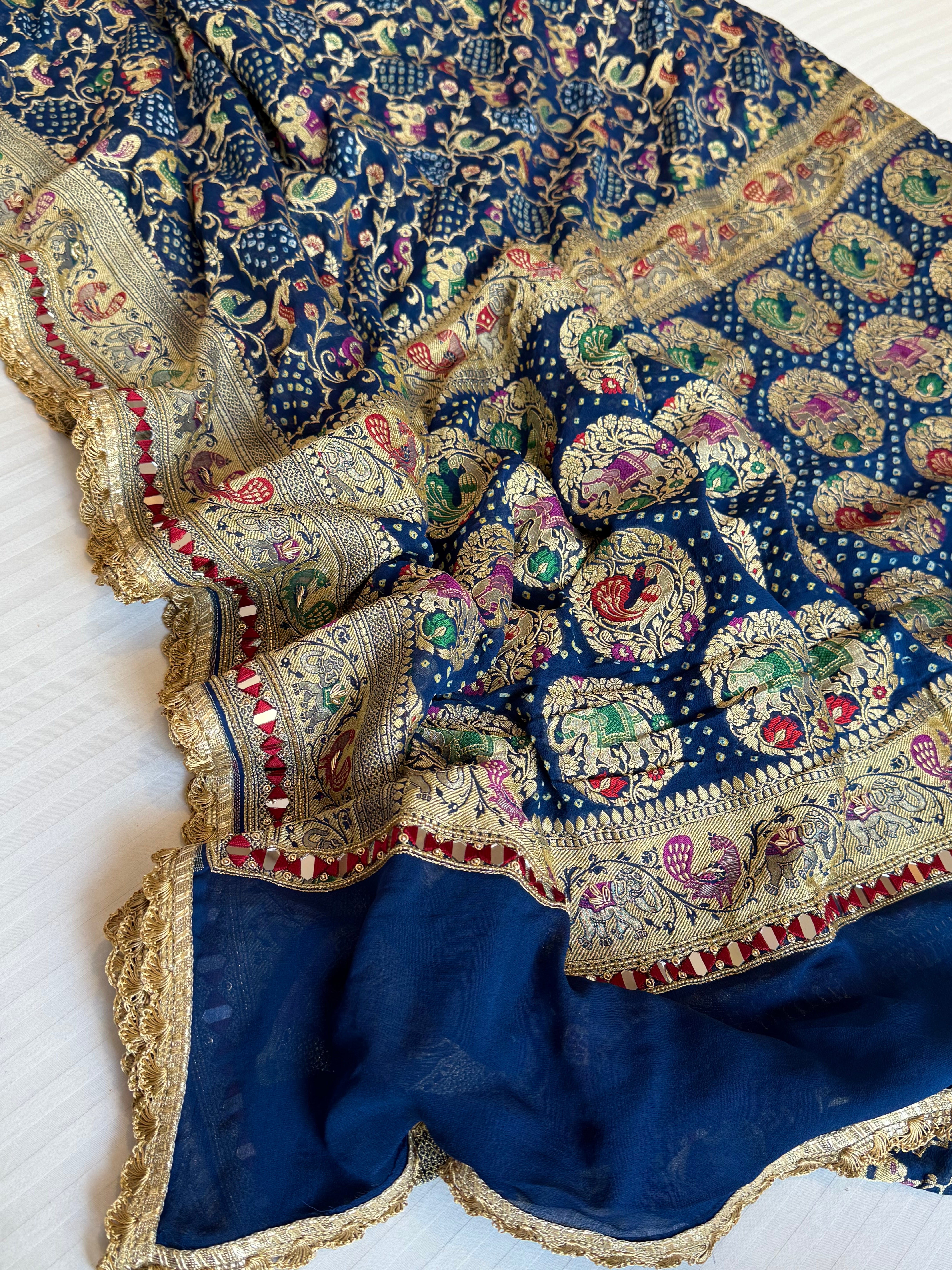 Mirror work banarasi bandhej shikargah motif heavy hand embroidered saree