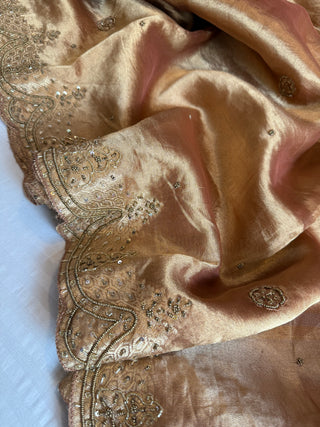 Husn onion peach tissue silk heavy hand embroidered saree
