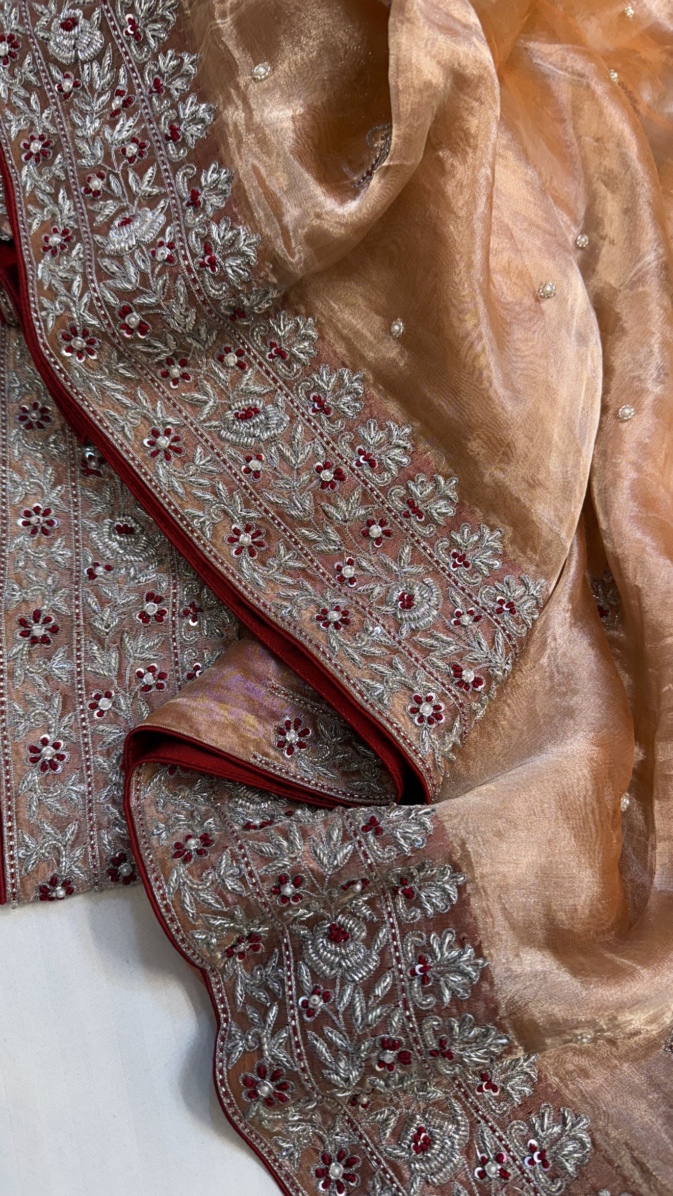 Gulab ki pankhuri husn tissue silk heavy zardozi hand embroidered border saree