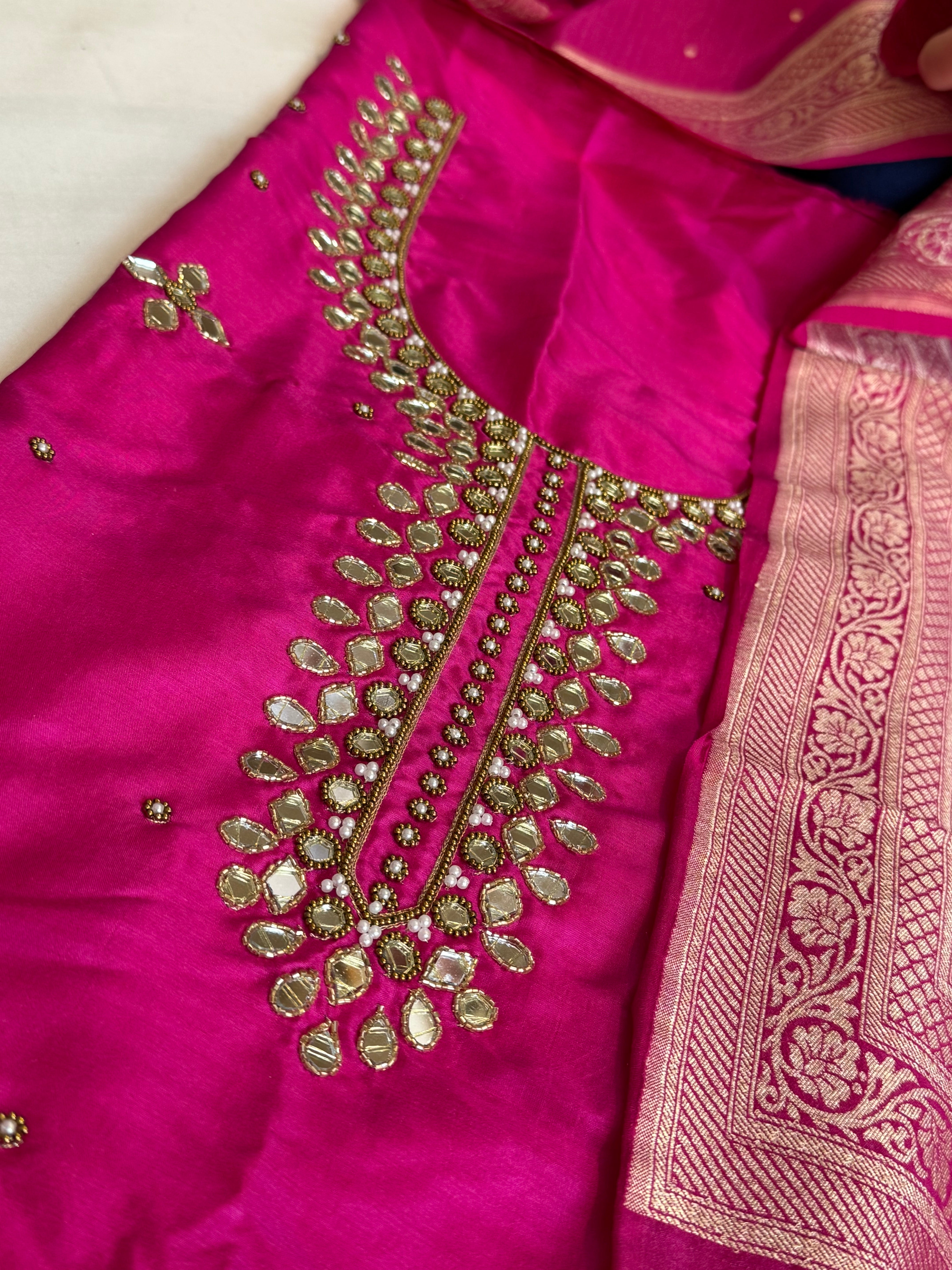 Sheesham rani pink mirror work katan silk kadhwa suit set