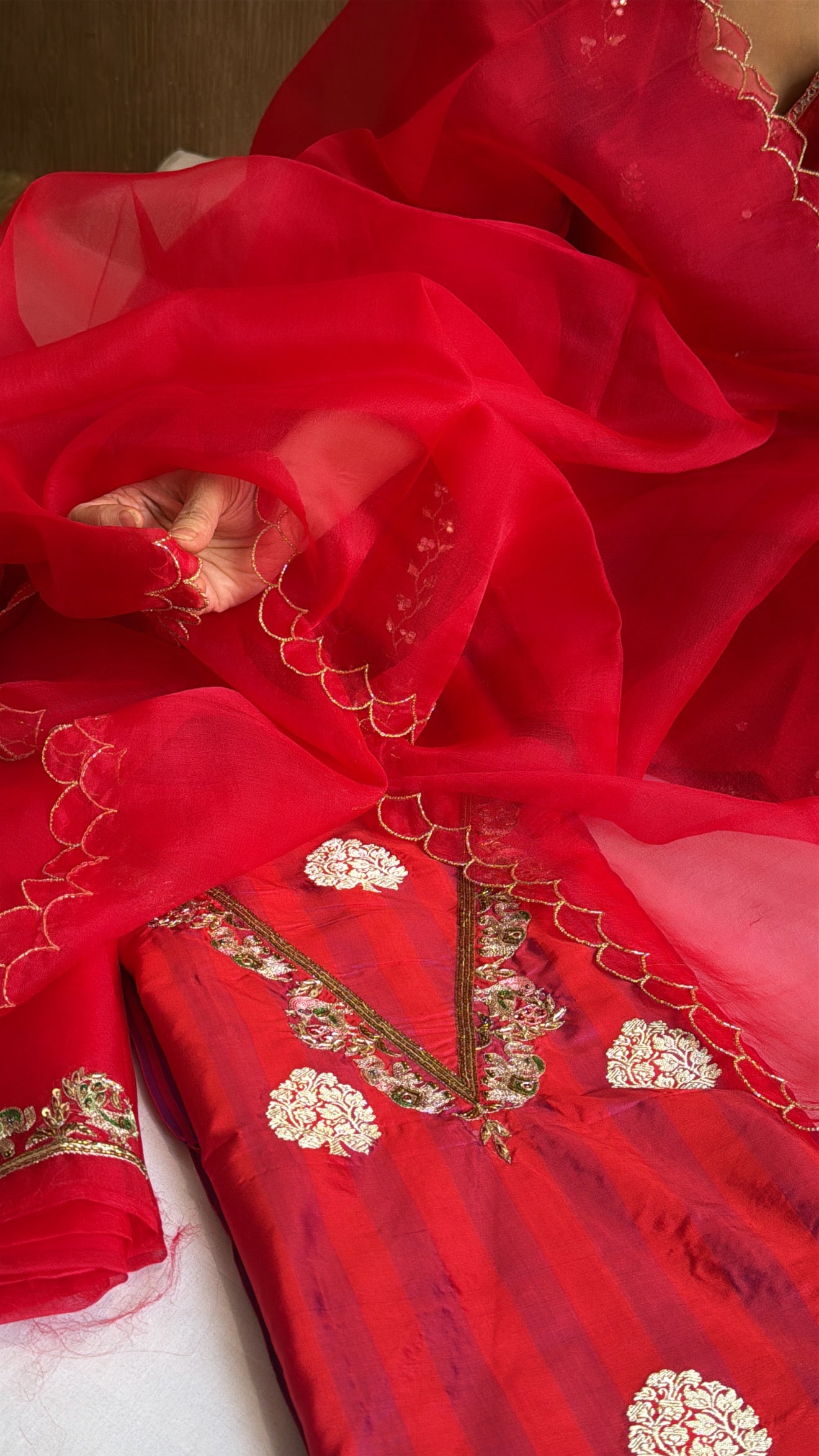 Blood red-cherry red dhup chao effect katan silk striped kurta paired with Kora silk scalloped duppata set