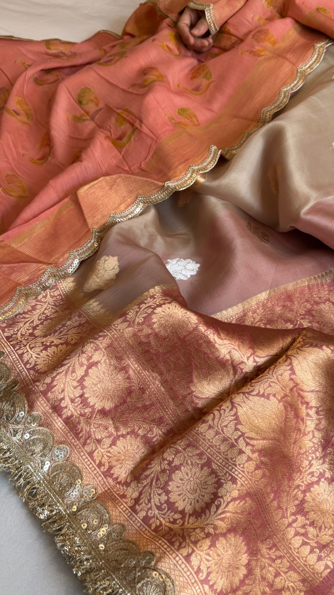 Kora silk chap dye contrast border kadhwa saree paired with moonga silk duppata