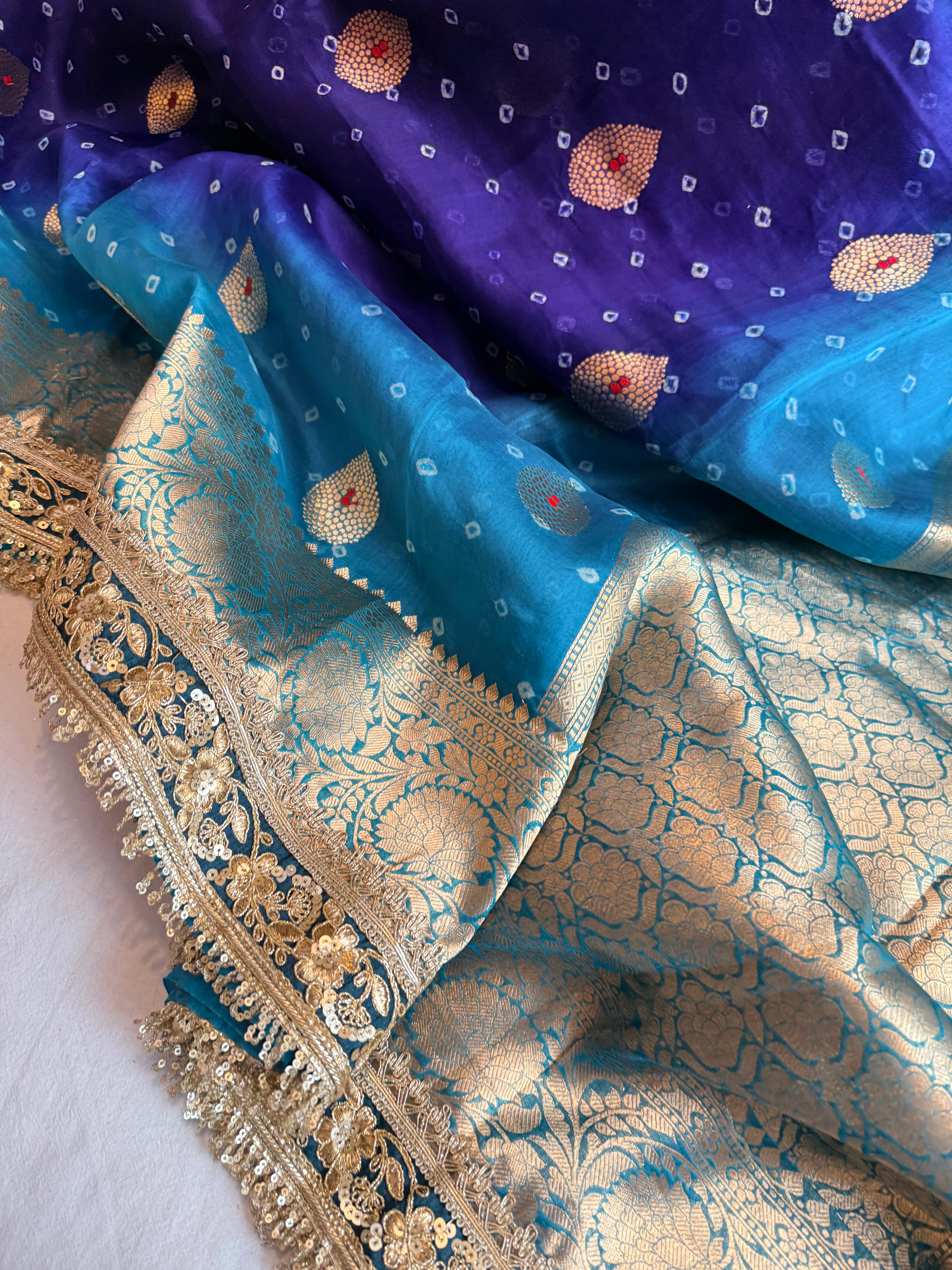 Mayra wali saree - Kora silk bandhej work meenakari gotapatti saree