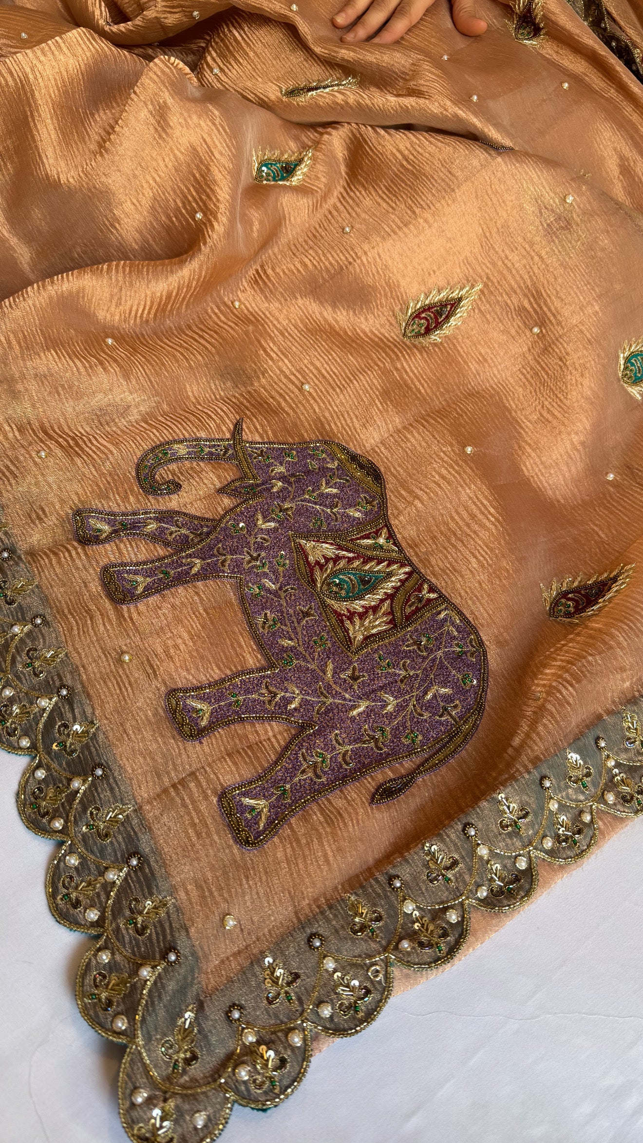 Gajgamini crushed copper tissue silk elephant meenakari motif heavy hand embroidered saree