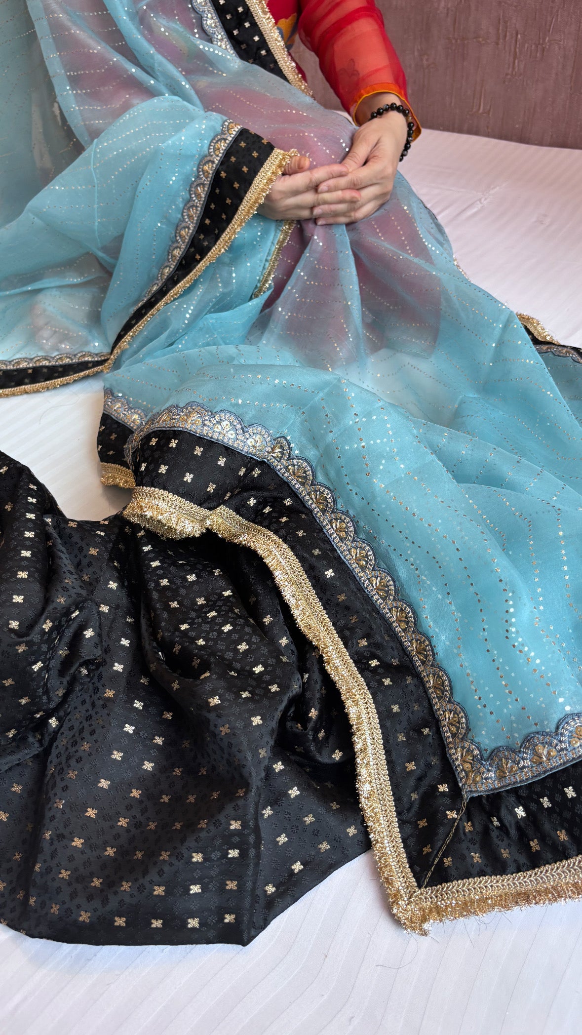 Black-ice blue combination mashru tanchoi silk kurta paired with mukaish badla work kora silk duppata set