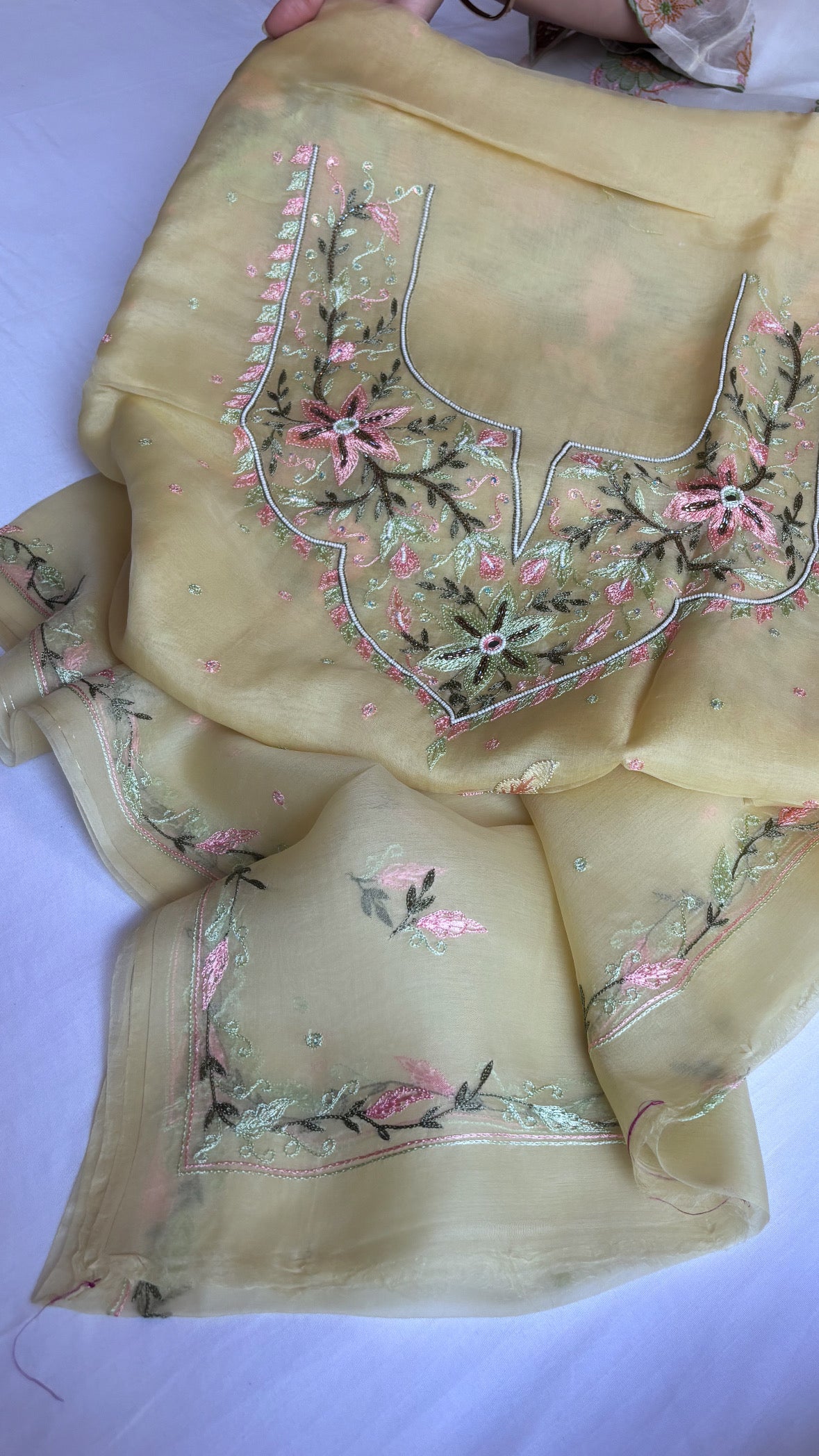 Lime green kora silk resham chikankari hand embroidered suit set