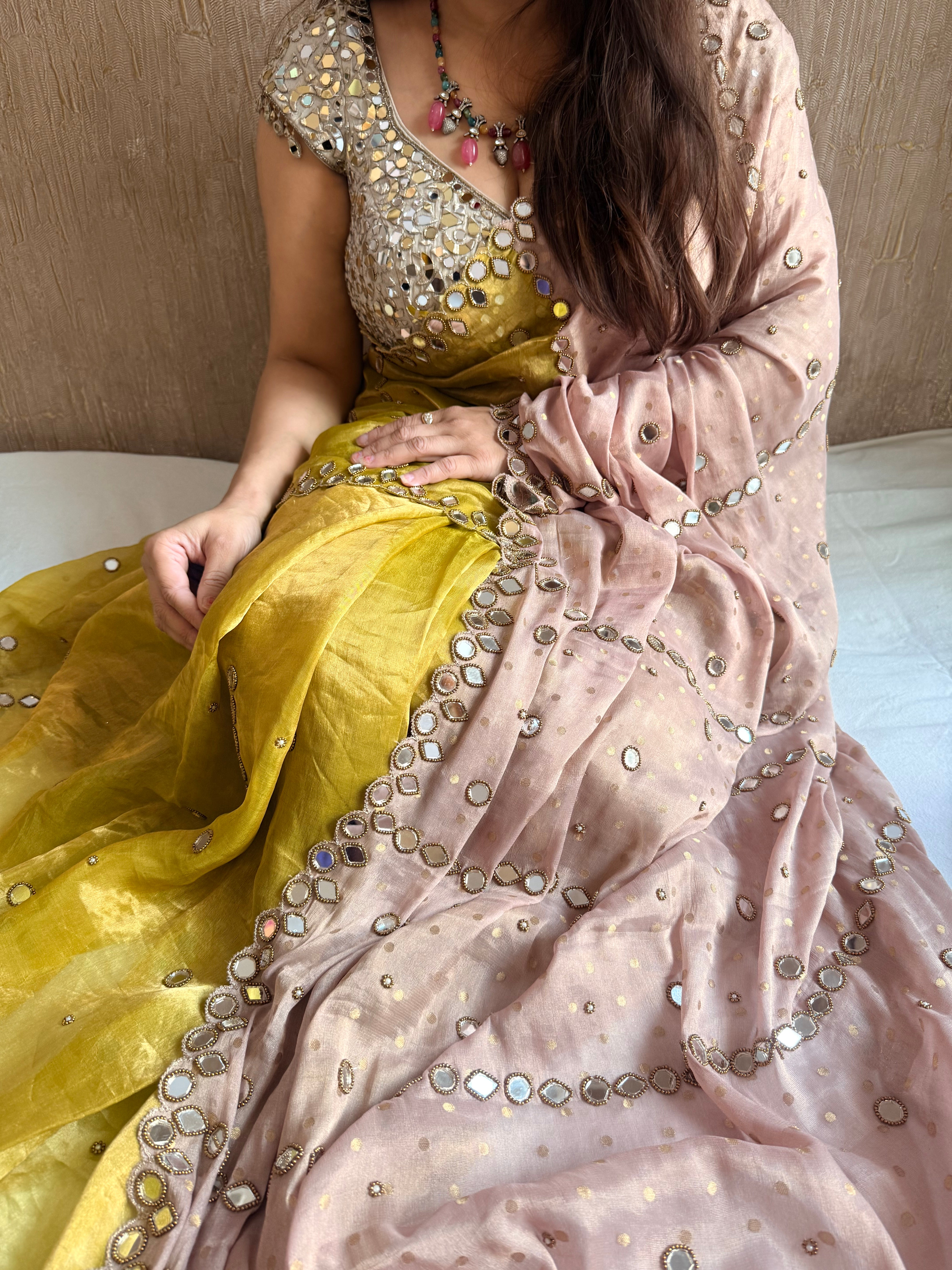 Tyohaar edit - Chiffon tissue gorgette mirrorwork half-half kafhwa buti saree