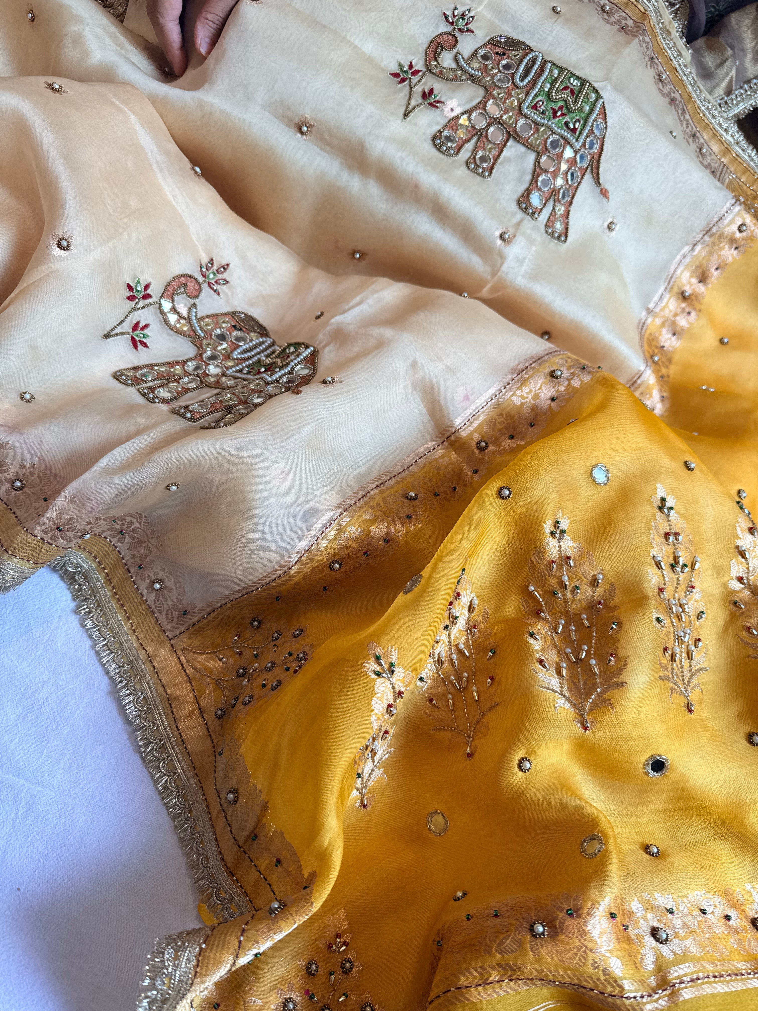 Tyohaar edit - Chap dye kora silk elephant motif hand embroidered saree