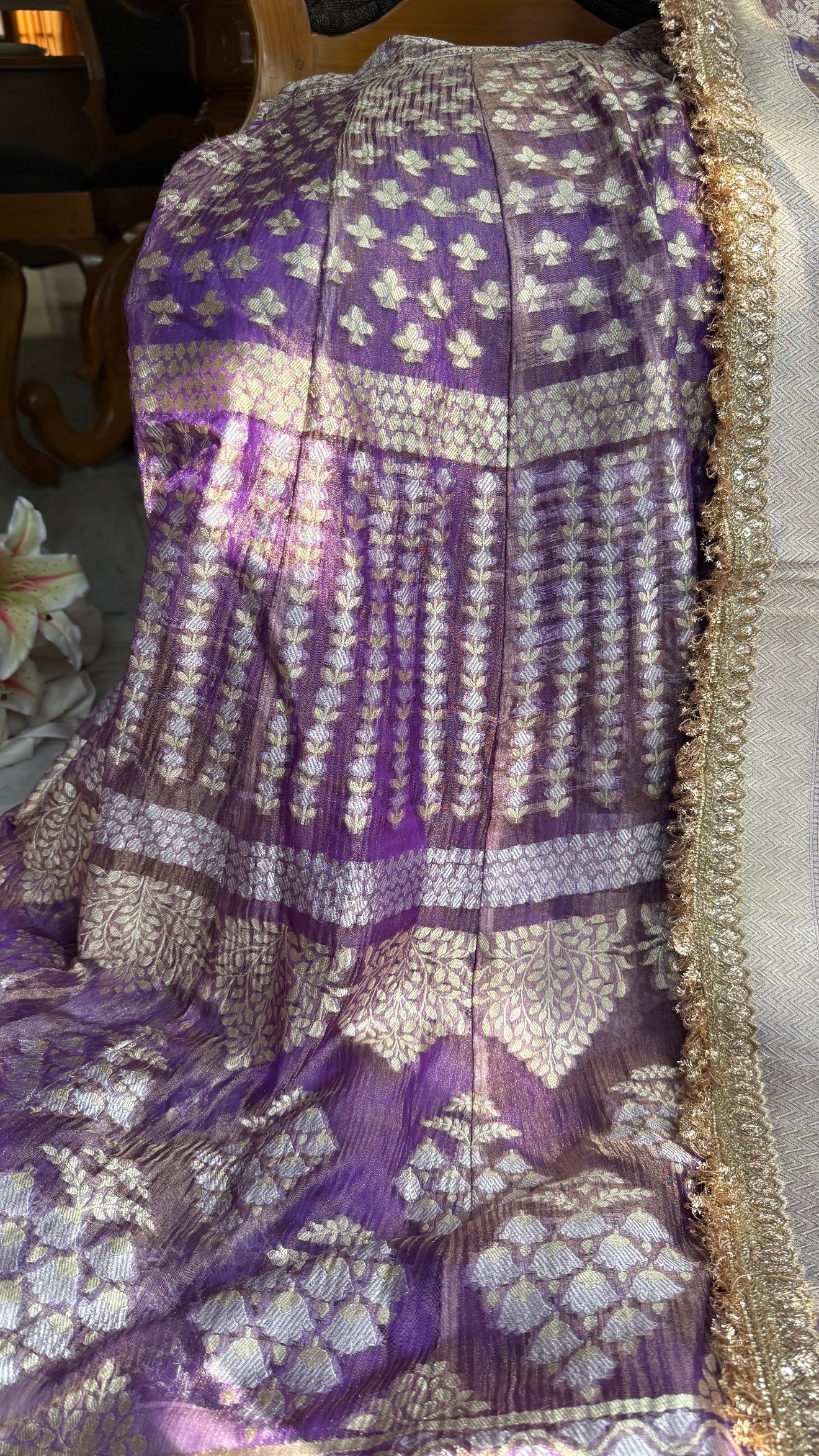 Lavender tissue silk heavy kali wala lehenga set
