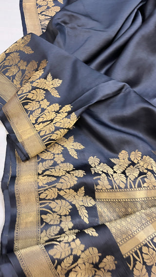 English navy blue banarasi mashru silk kadhwa border saree