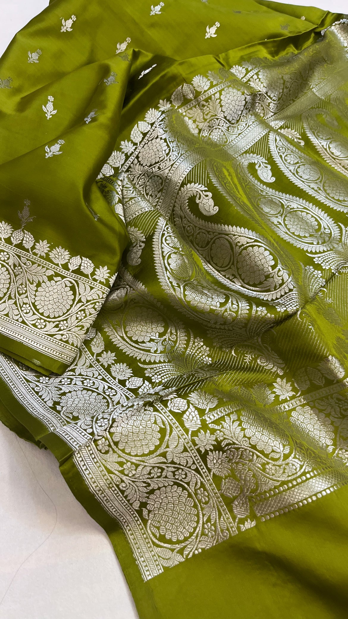 Mehendi green banarasi mashru silk kadhwa buti saree