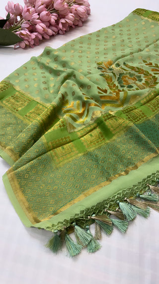 Banarasi gorgette grass green brush dyed kadhwa duppata