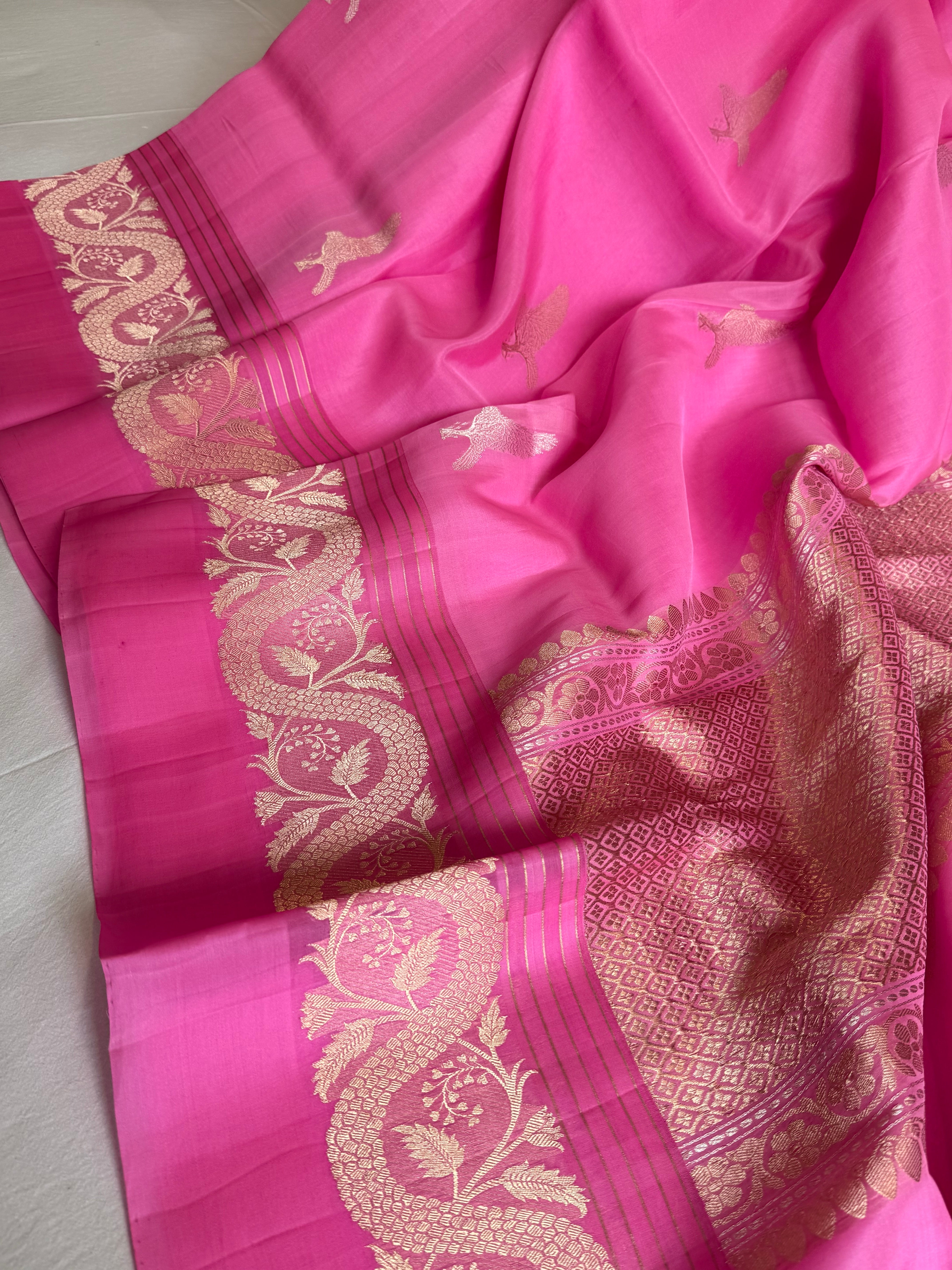 Strawberry pink banarasi kora silk hand embroidered saree