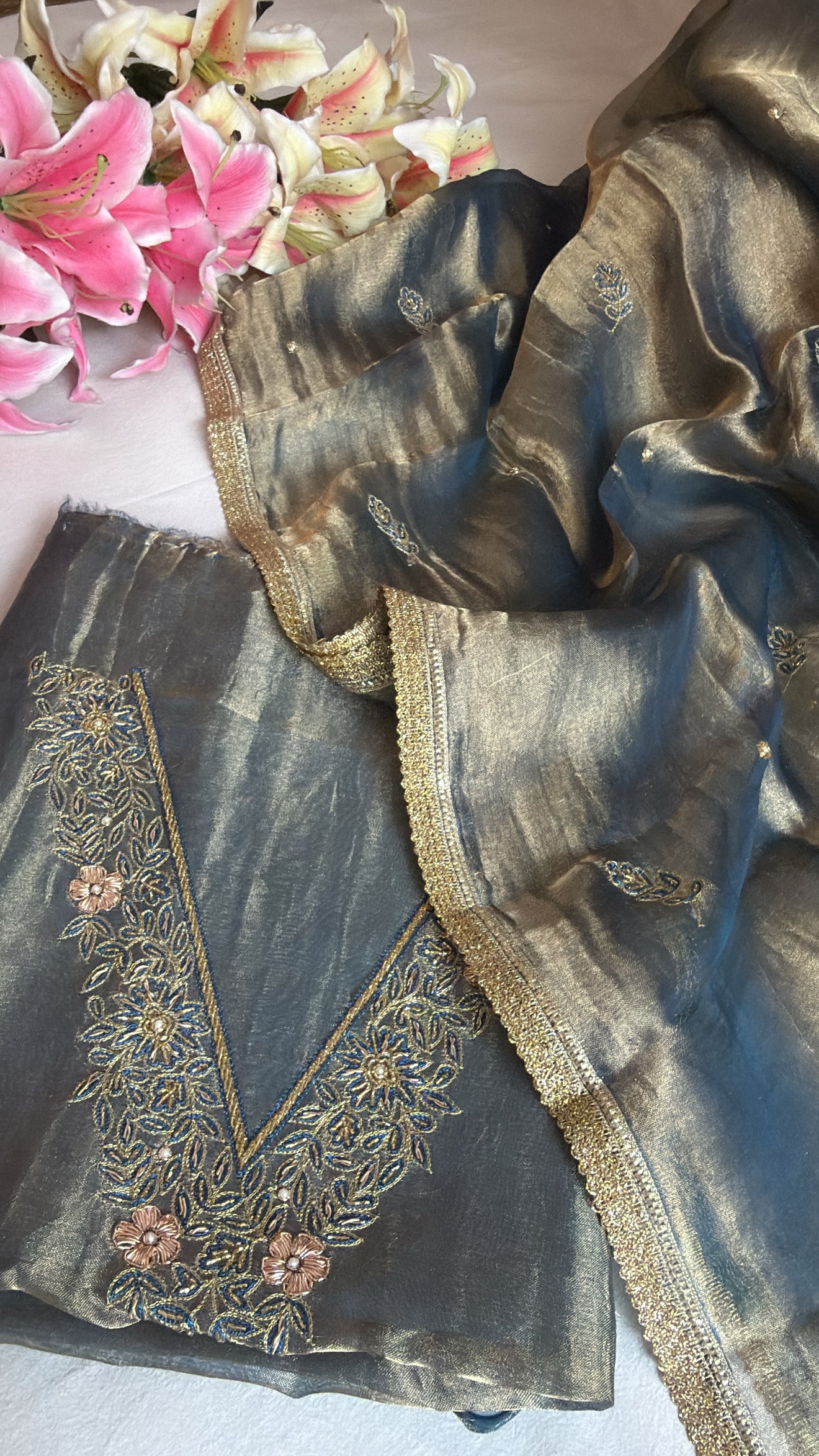 Persian blue tissue silk hand embroidered heeramandi kadhwa suit set