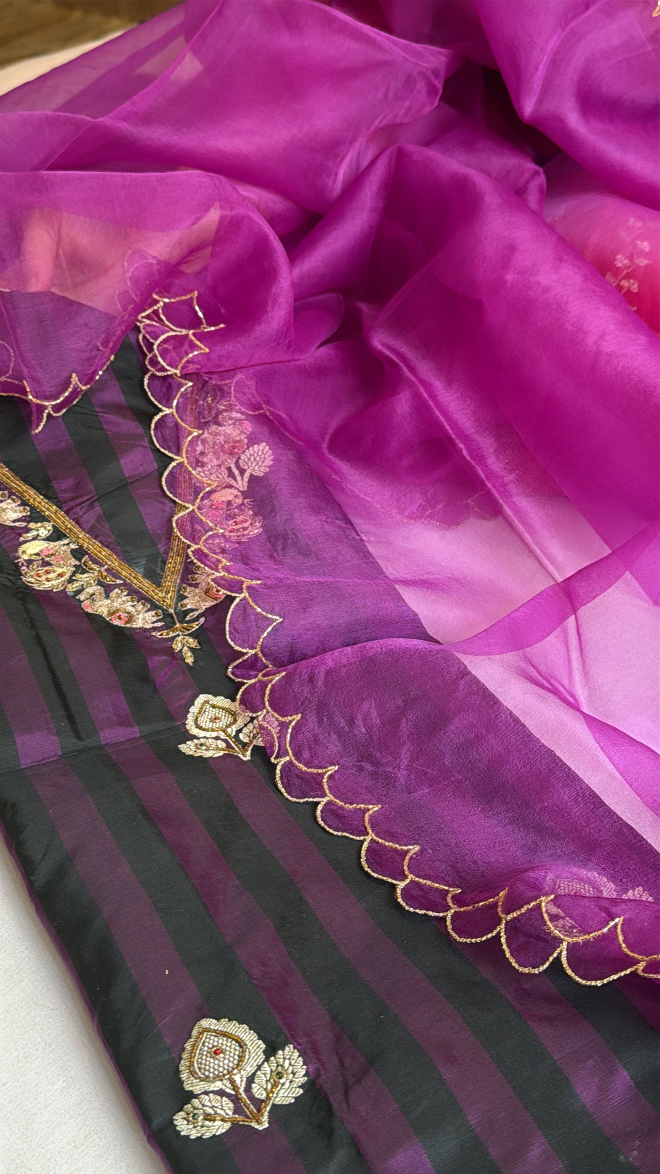 Grapewine purple-black dhup chao effect katan silk kurta paired with kora silk scalloped duppata set
