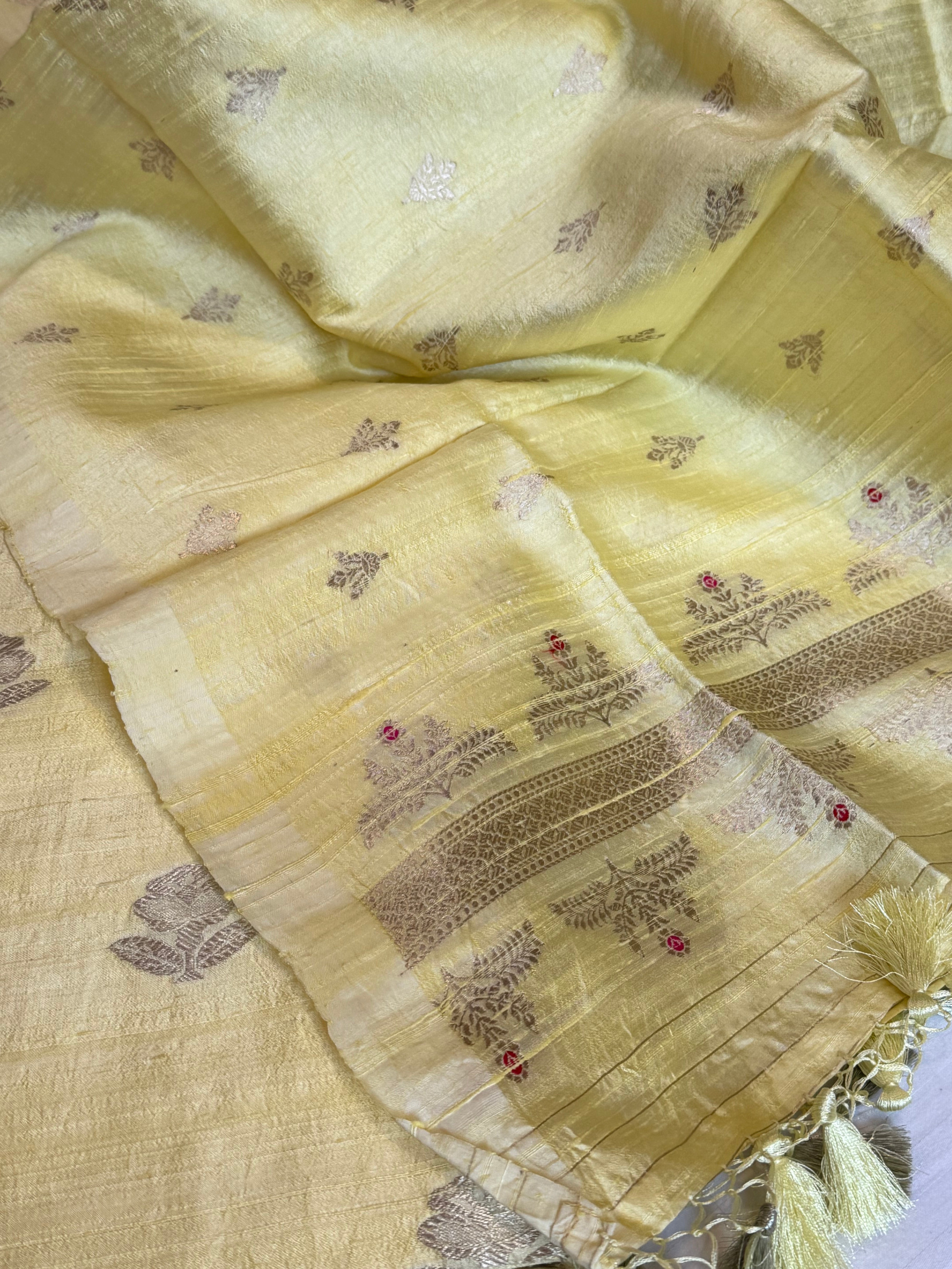 Lime yellow kadhwa raw silk meenakari banarasi suit sets