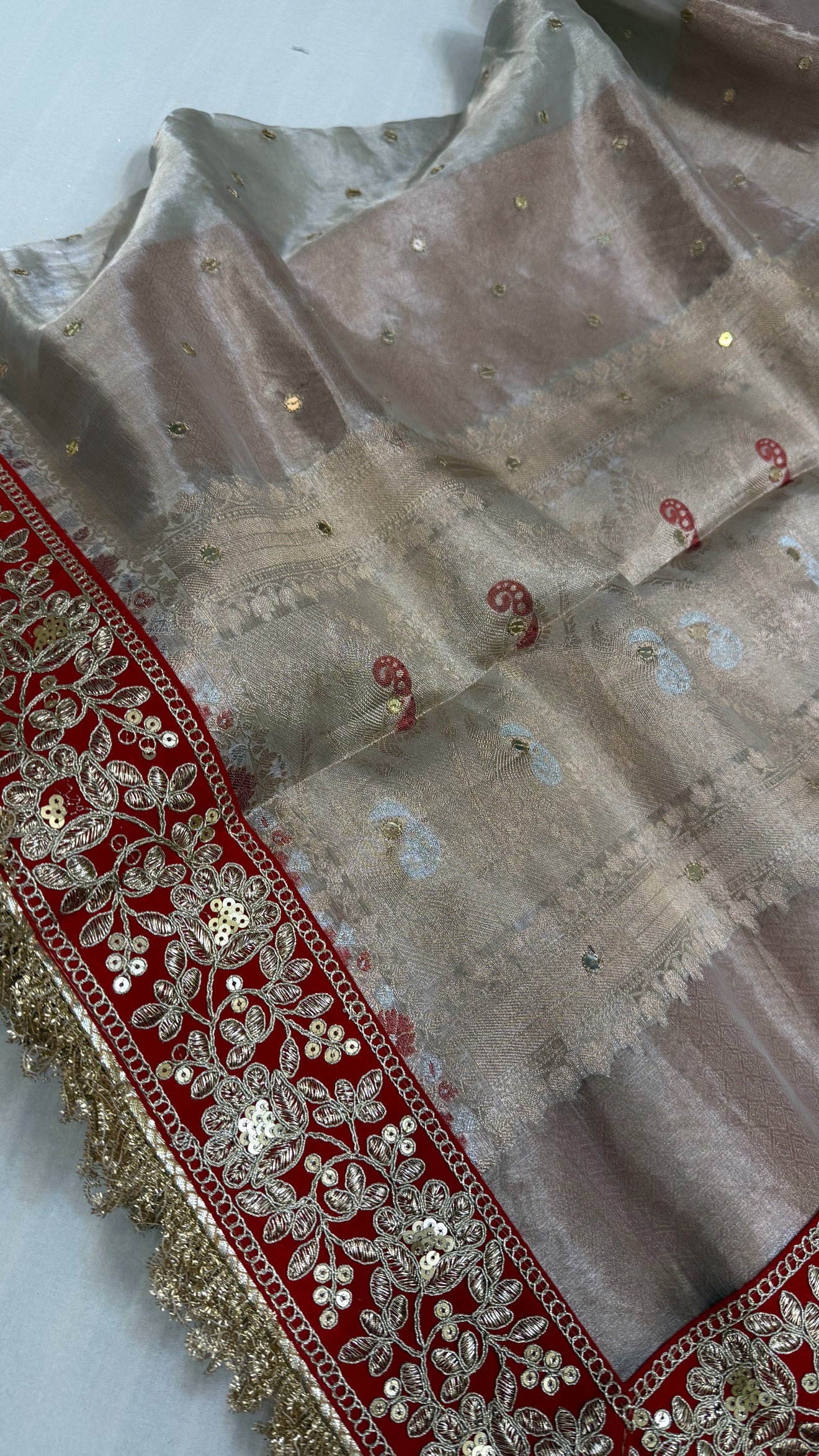 Diamond tissue silk chunri buti hand embroidered panetar saree