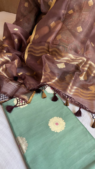 Banarasi crayon green-brown chiniya silk contrast suit set