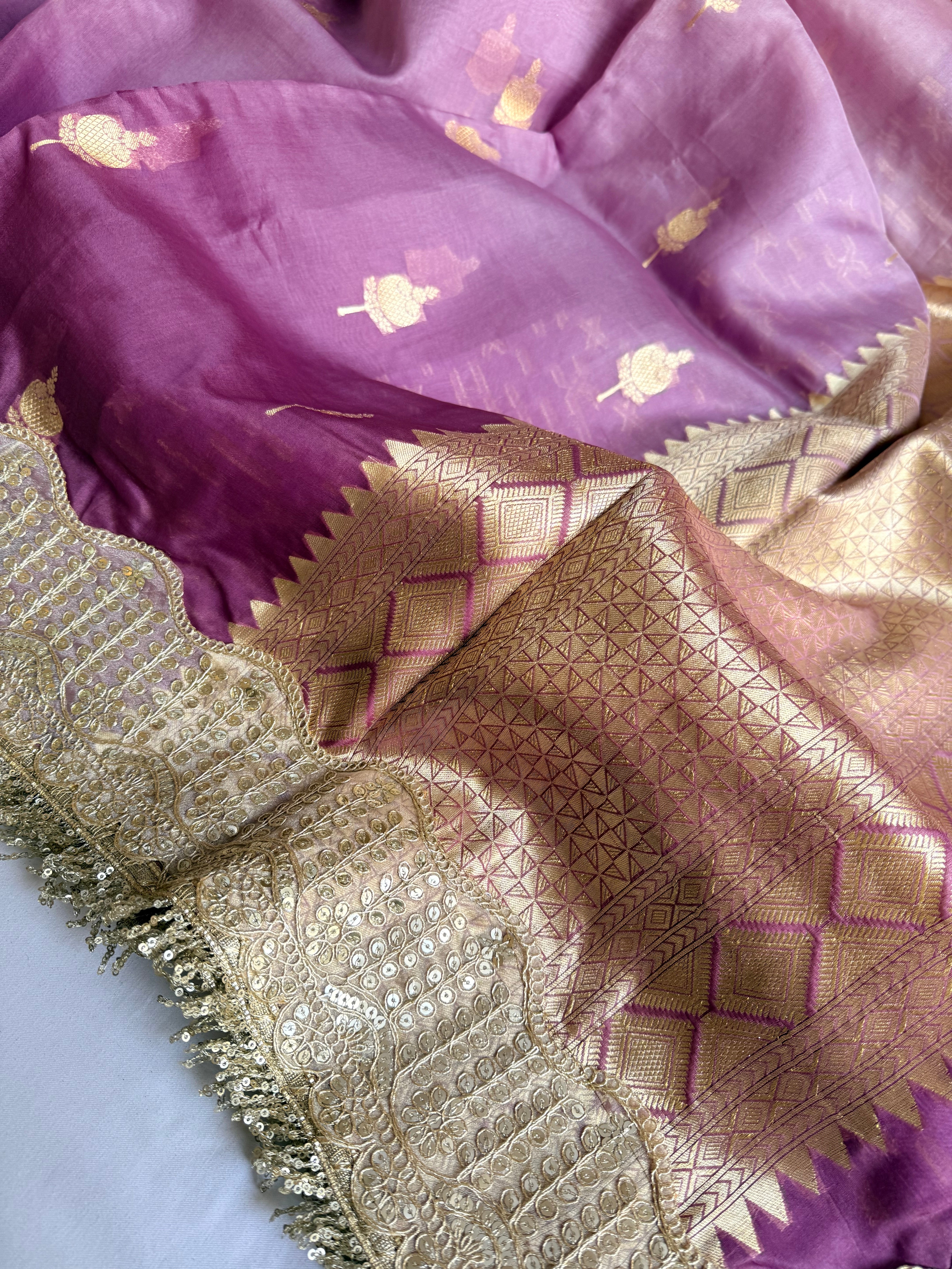Banarasi ombré lilac kora silk kadhwa gotapatti saree