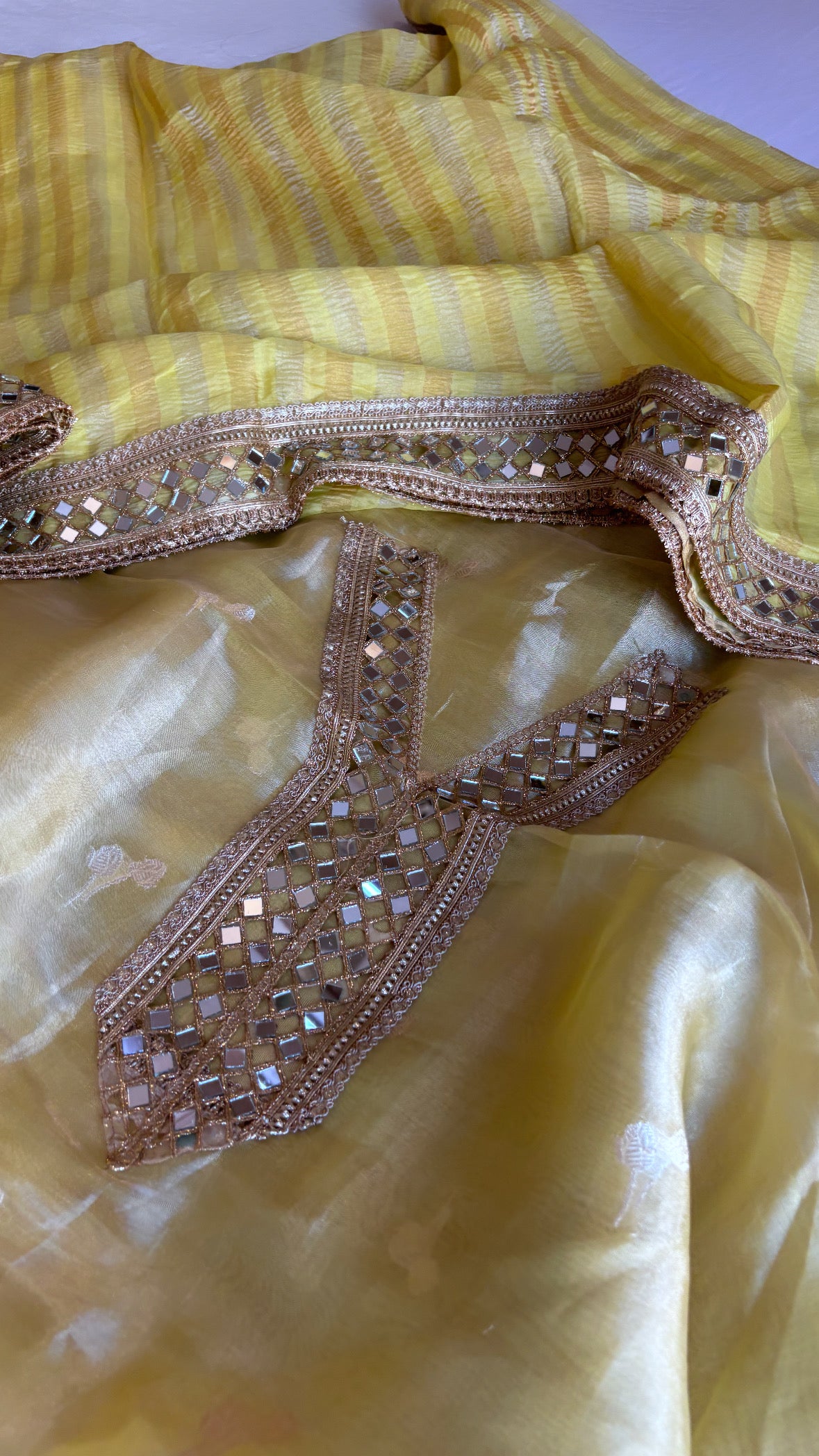 Lime green husn tissue silk mirror work suit set