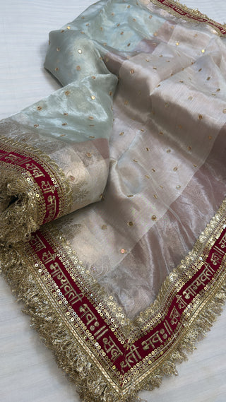 “Sada saubhagyawati” border panetar tissue silk white-red border kadhwa saree