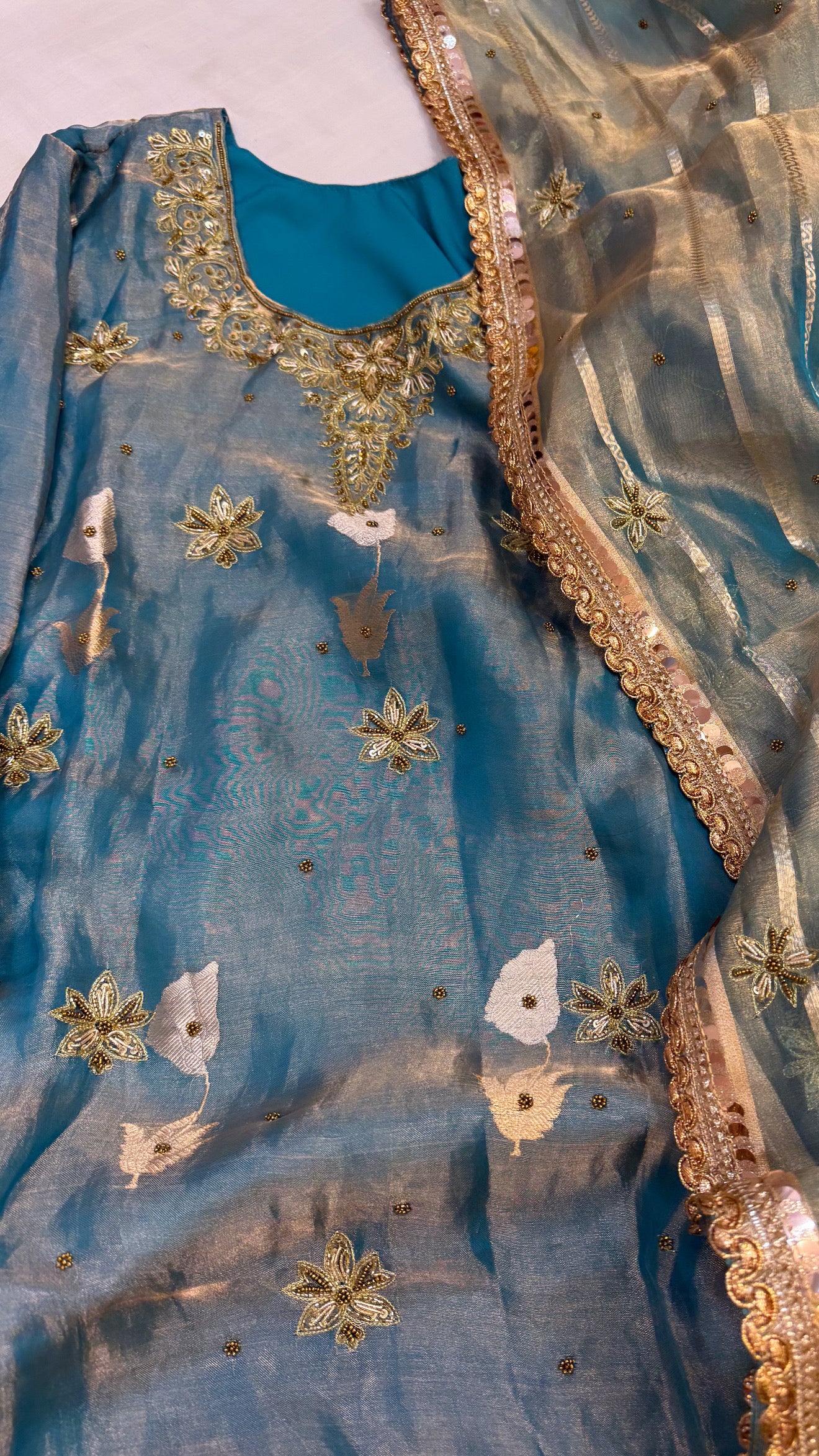 Dulhan ka joda - Water blue tissue silk heavy hand embroidered kadhwa gotapatti suit set