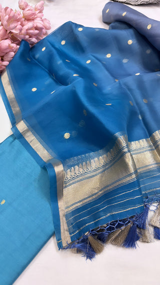 Pure Banarasi aqua blue chiniya silk kadhwa suit set paired with kora silk ombre shaded kadhwa duppata and bottom set